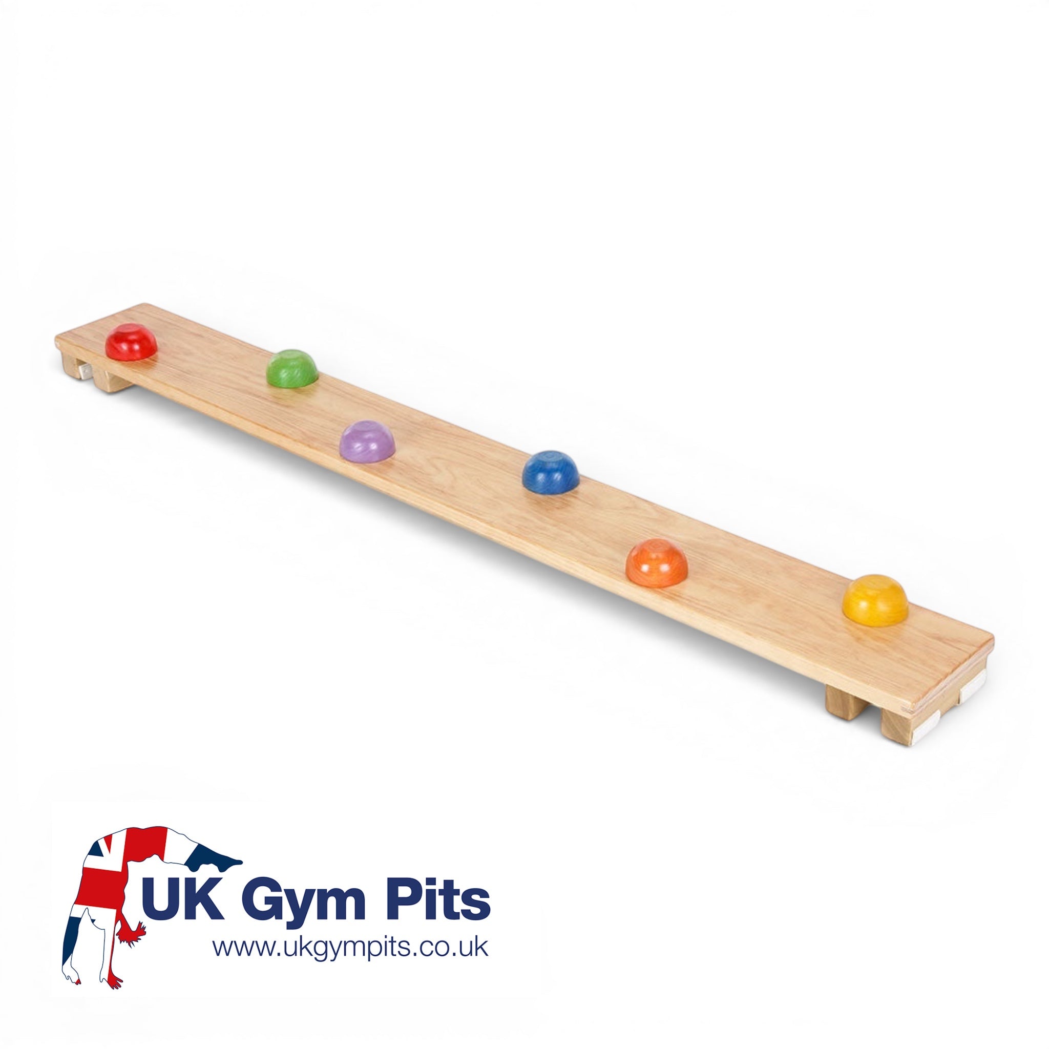 UK Gym Pits Activ Dome Plank made of natural timber with six colourful domes for balance and gym training.