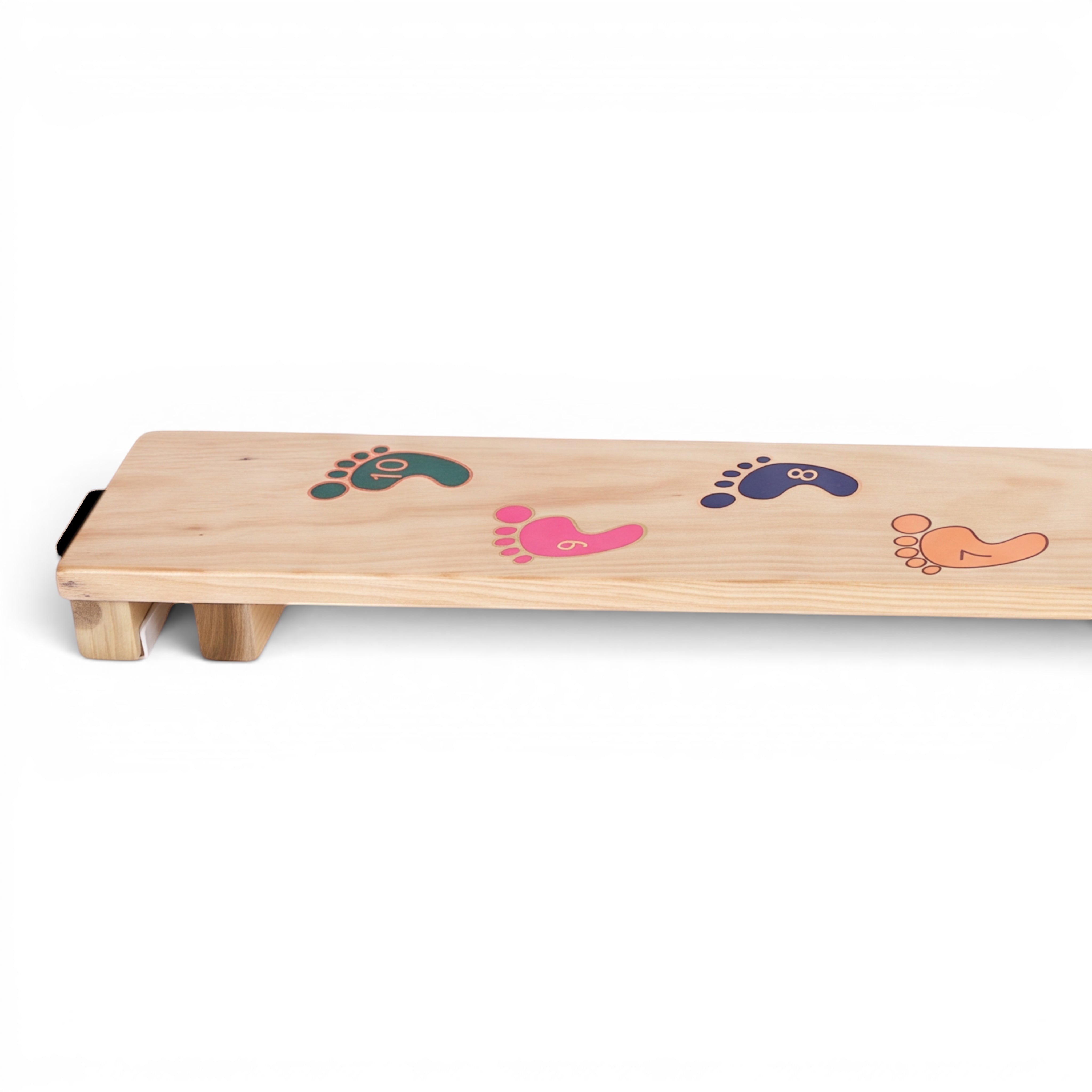 UK Gym Pits Activ Foot Plank made of natural timber with colourful numbered foot graphics for children's balance play.