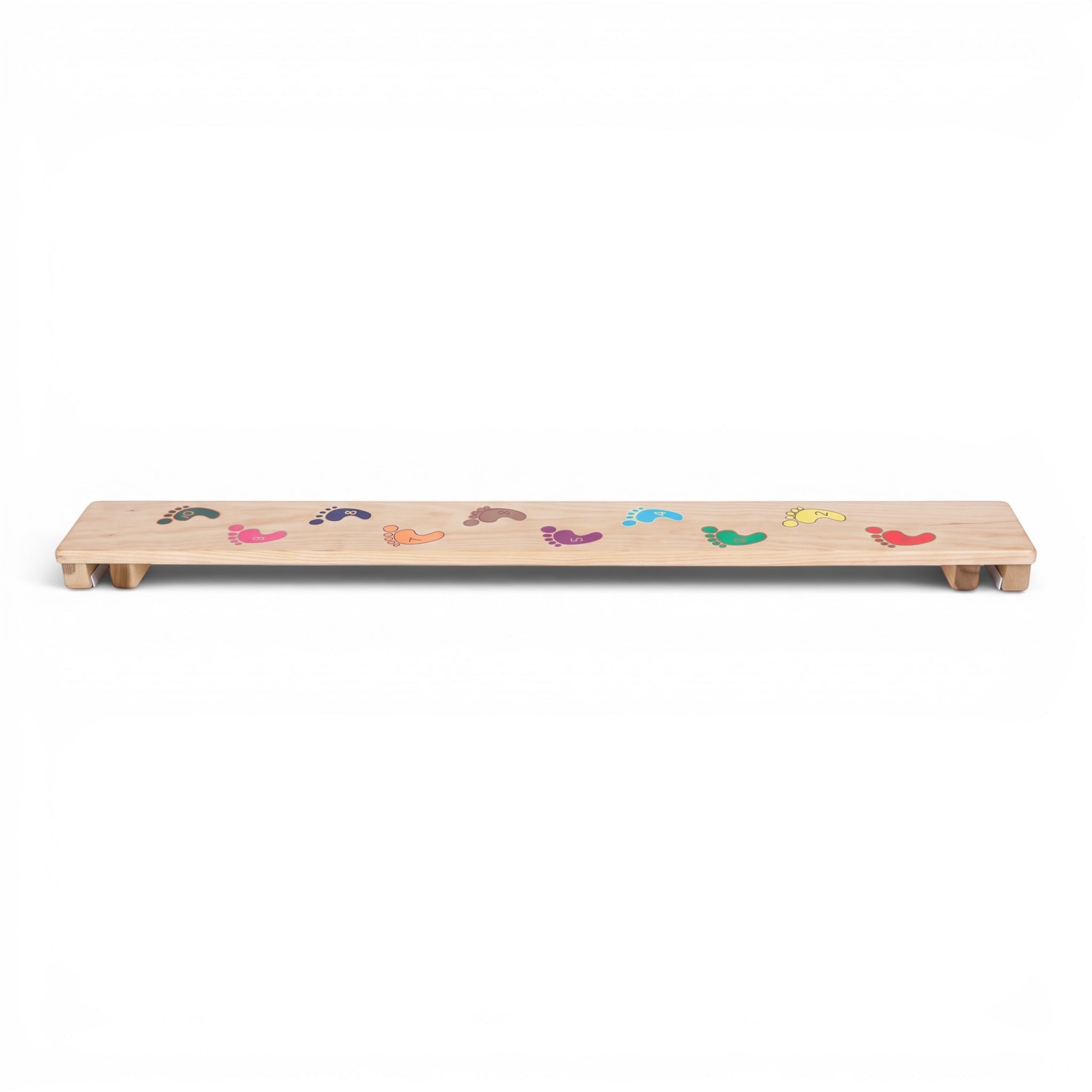 UK Gym Pits Activ Foot Plank made of natural timber with 10 colourful numbered feet graphics for children's balance.