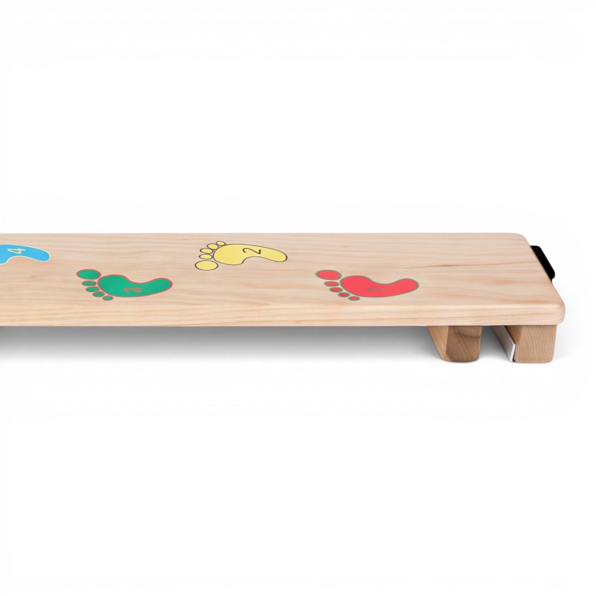UK Gym Pits Activ Foot Plank made of natural timber with colourful numbered foot prints for children's balance play.