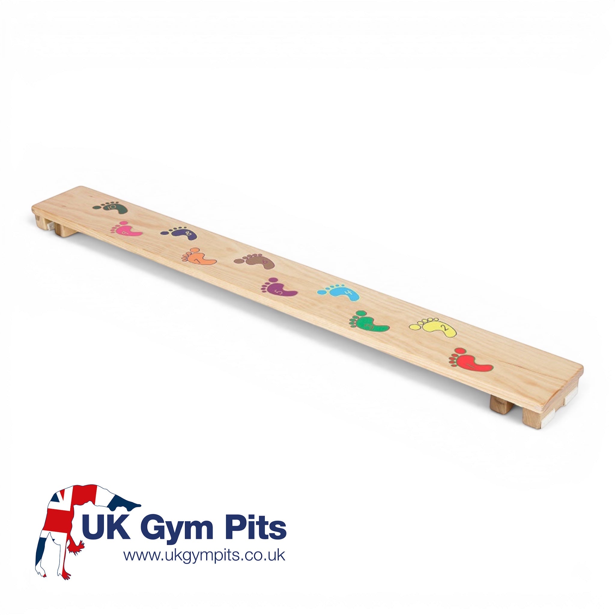 UK Gym Pits Activ Foot Plank made of natural timber with ten multicoloured numbered footprints for balance training.