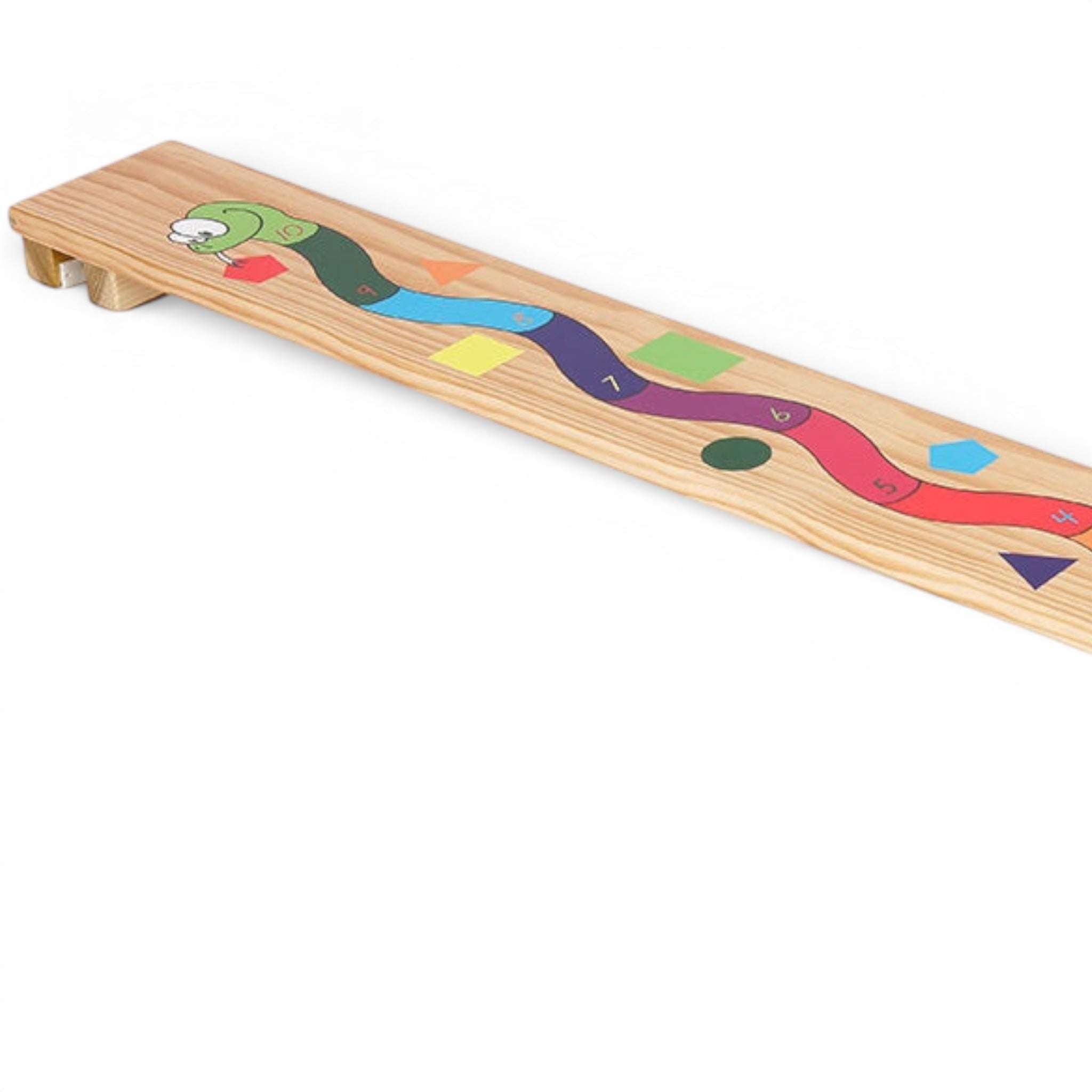 UK Gym Pits Activ Snake Plank made of natural timber with a multicoloured snake graphic for educational play.
