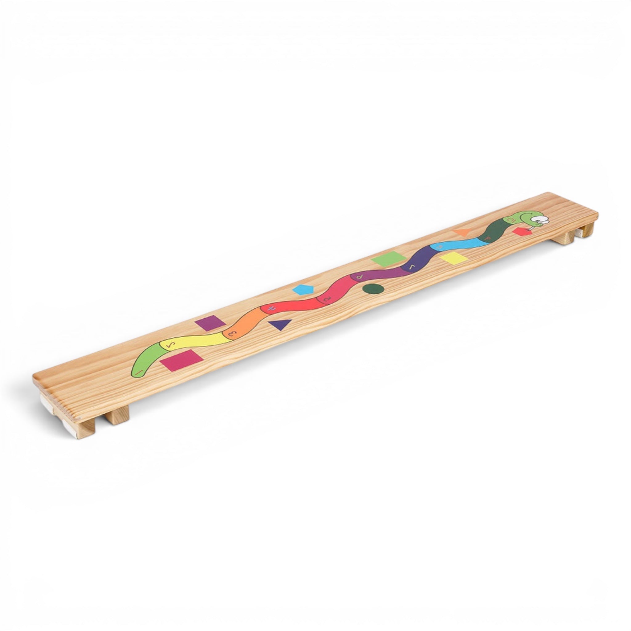 UK Gym Pits Activ Snake Plank made of natural timber with a multicoloured snake graphic featuring numbers and shapes.