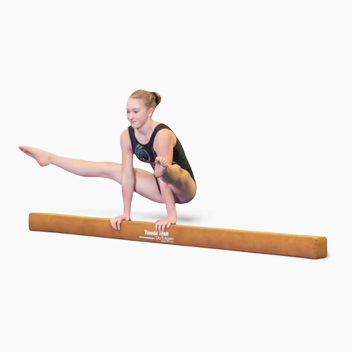 UK Gym Pits Addie Beam with synthetic suede surface being used by a gymnast performing a balance skill