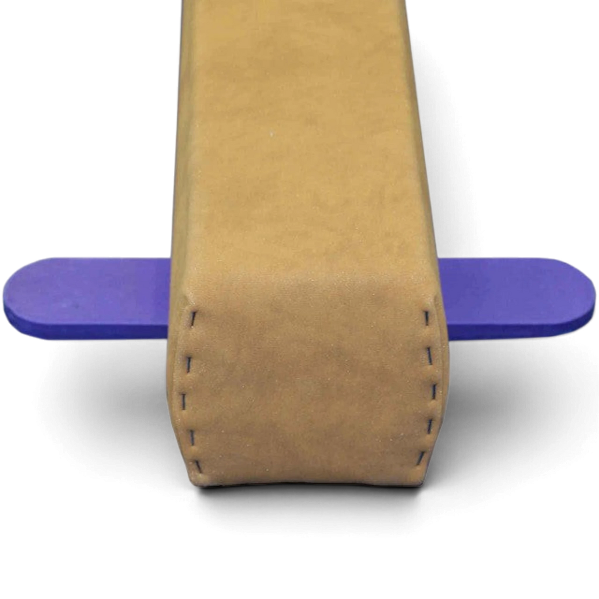 UK Gym Pits Addie beam with tan synthetic suede surface and purple molded plastic support leg for home gymnastics