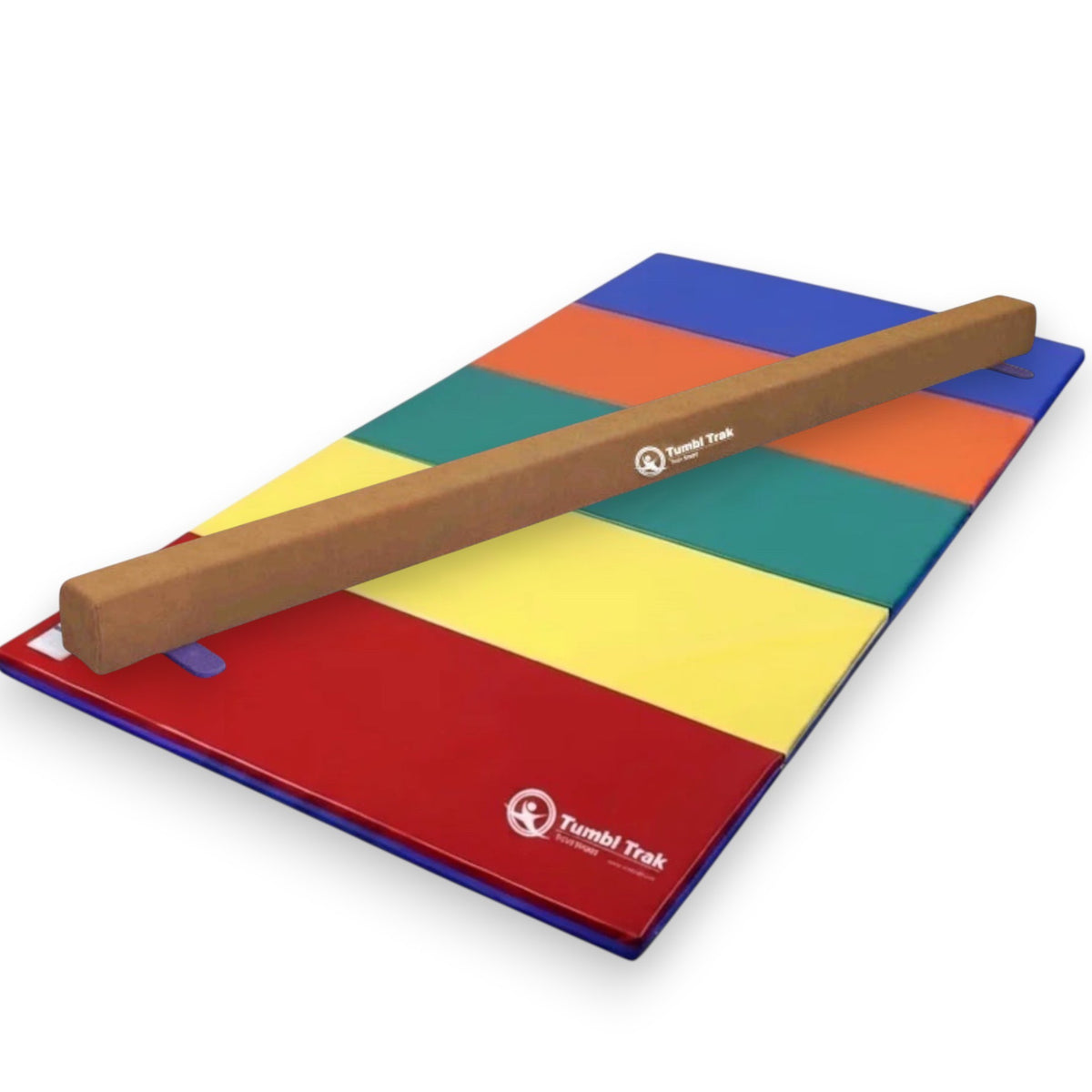 UK Gym Pits Addie Beam and multi-coloured folding tumbling mat set for home gymnastics training.