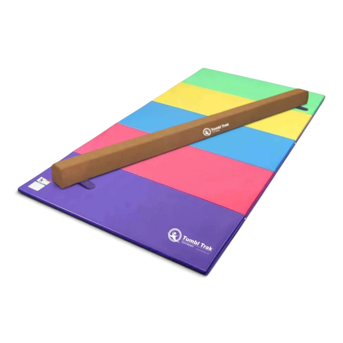 UK Gym Pits Addie beam and multi-coloured folding tumbling mat set for home gymnastics training.