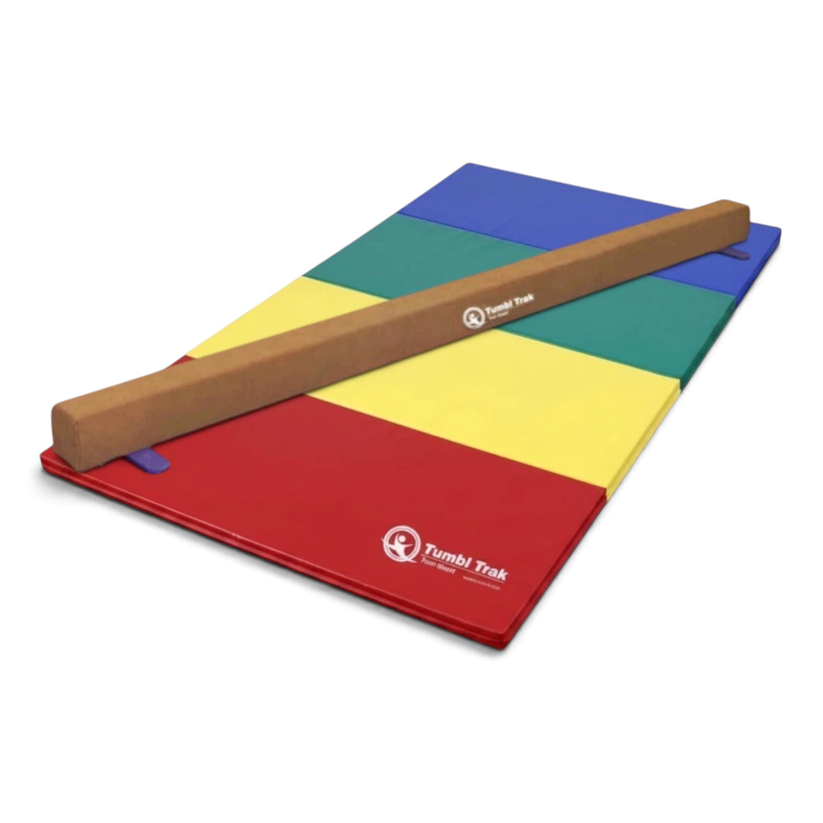 UK Gym Pits Addie beam and multi-coloured folding tumbling mat set for home gymnastics training.