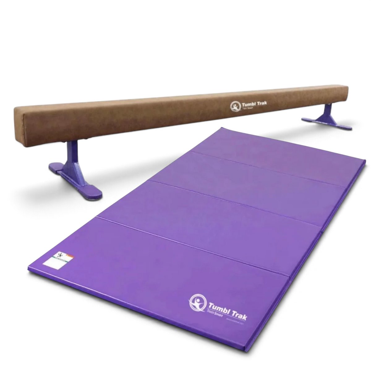 UK Gym Pits Addie Beam with suede finish and purple folding tumbling mat for home gymnastics training.
