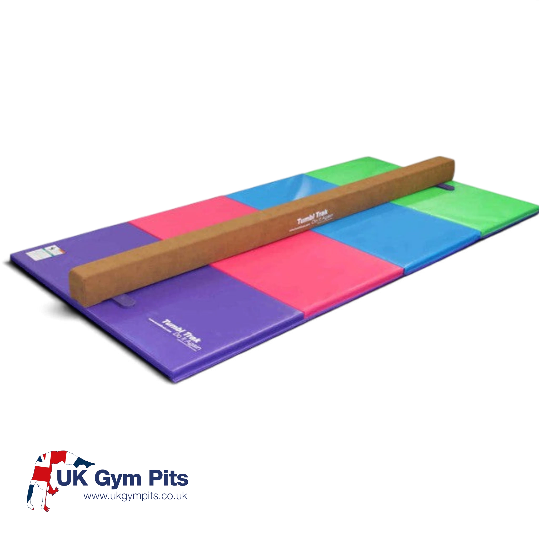 UK Gym Pits Addie beam and multi-coloured folding tumbling mat set for home gymnastics training