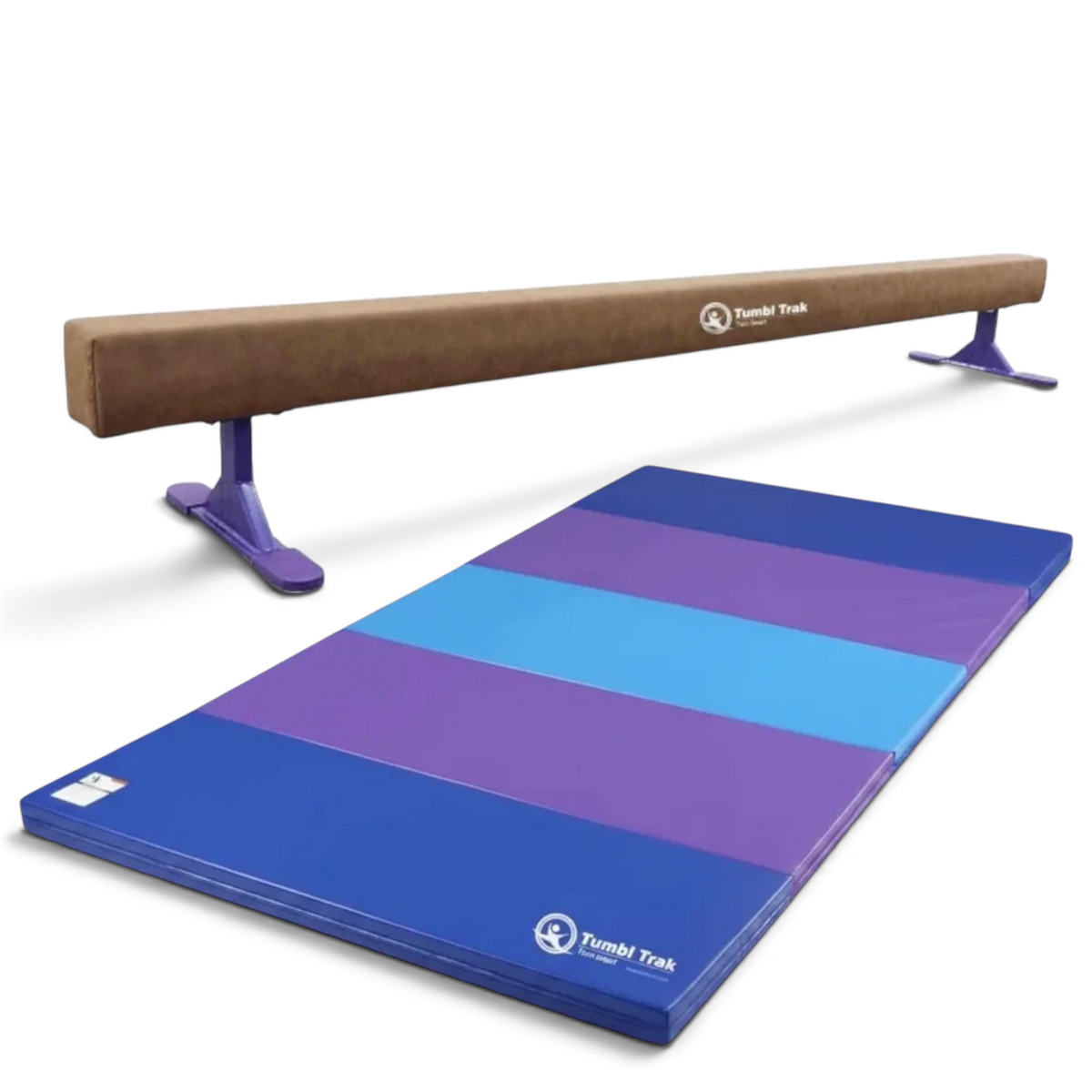 UK Gym Pits Addie beam with synthetic suede finish and folding blue and purple tumbling mat for home gymnastics.
