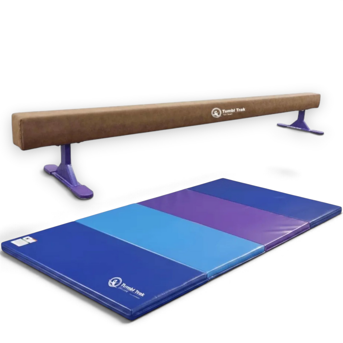 UK Gym Pits Addie Beam with purple and blue folding tumbling mat for home gymnastics training