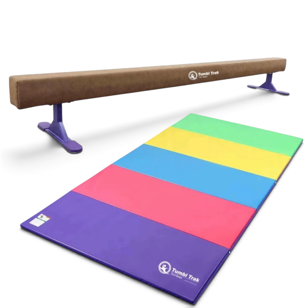 UK Gym Pits Addie Beam with leg risers and a multi-coloured folding tumbling mat for home gymnastics training.