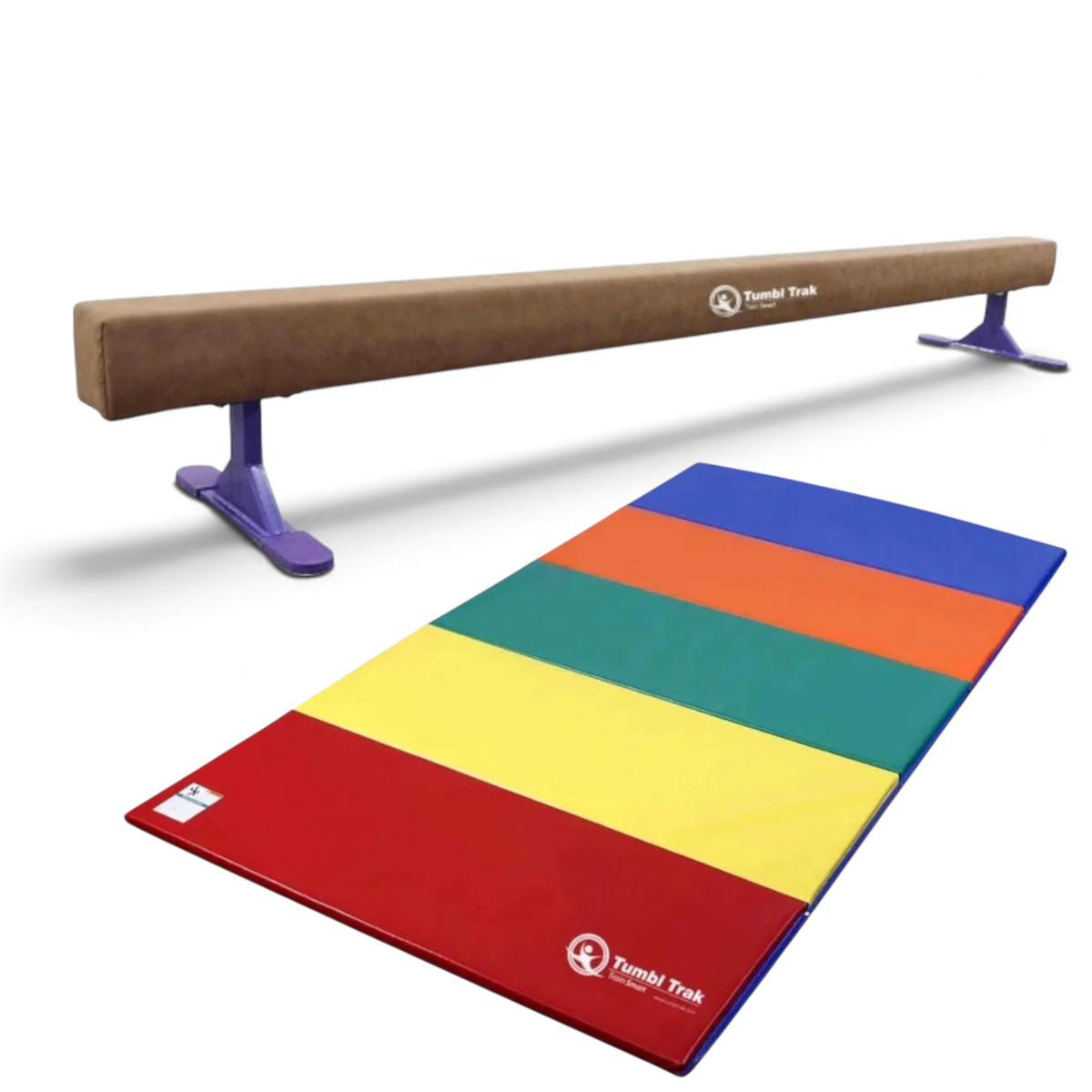 UK Gym Pits Addie Beam with purple risers and a multi-coloured folding tumbling mat for home gymnastics training.
