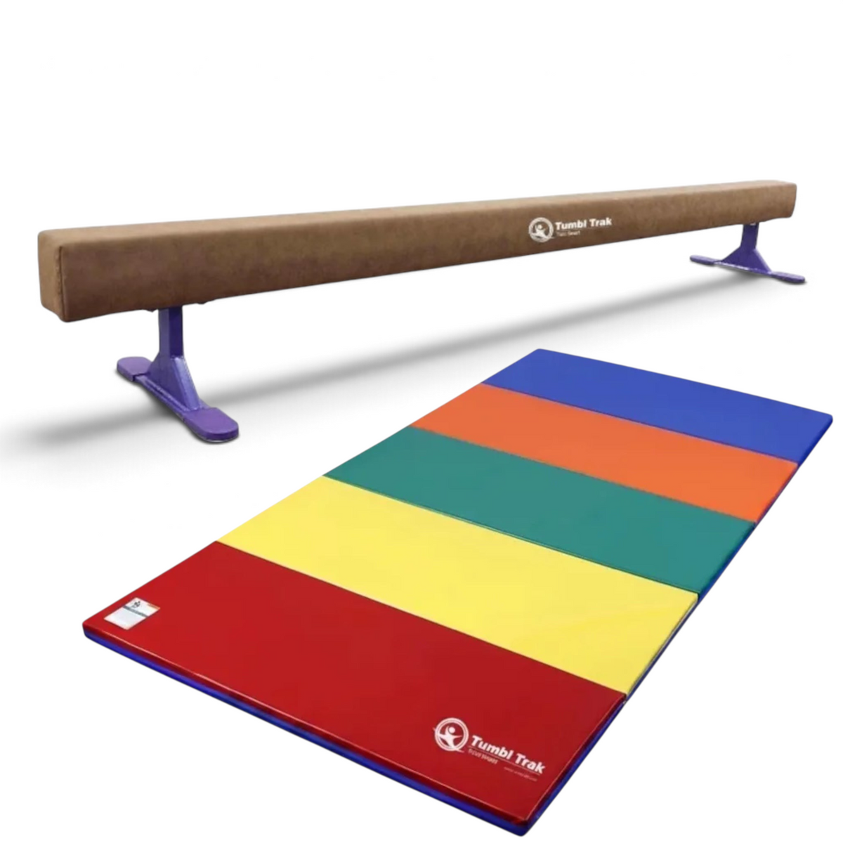 UK Gym Pits Addie Beam and multi-coloured folding tumbling mat set for home gymnastics training.