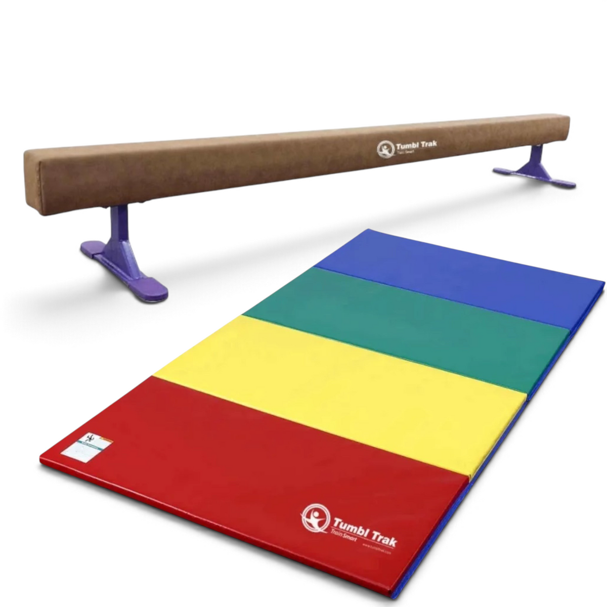 UK Gym Pits Addie Beam with purple risers and a multi-coloured folding tumbling mat for home gymnastics training.