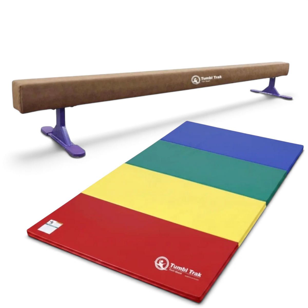 UK Gym Pits Addie Beam with risers and a multi-coloured folding tumbling mat for home gymnastics training.