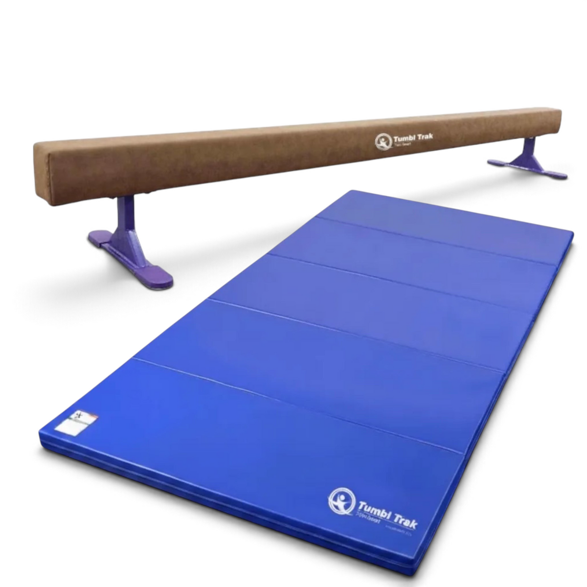 UK Gym Pits Addie Beam and blue folding tumbling mat set for home gymnastics training practice.