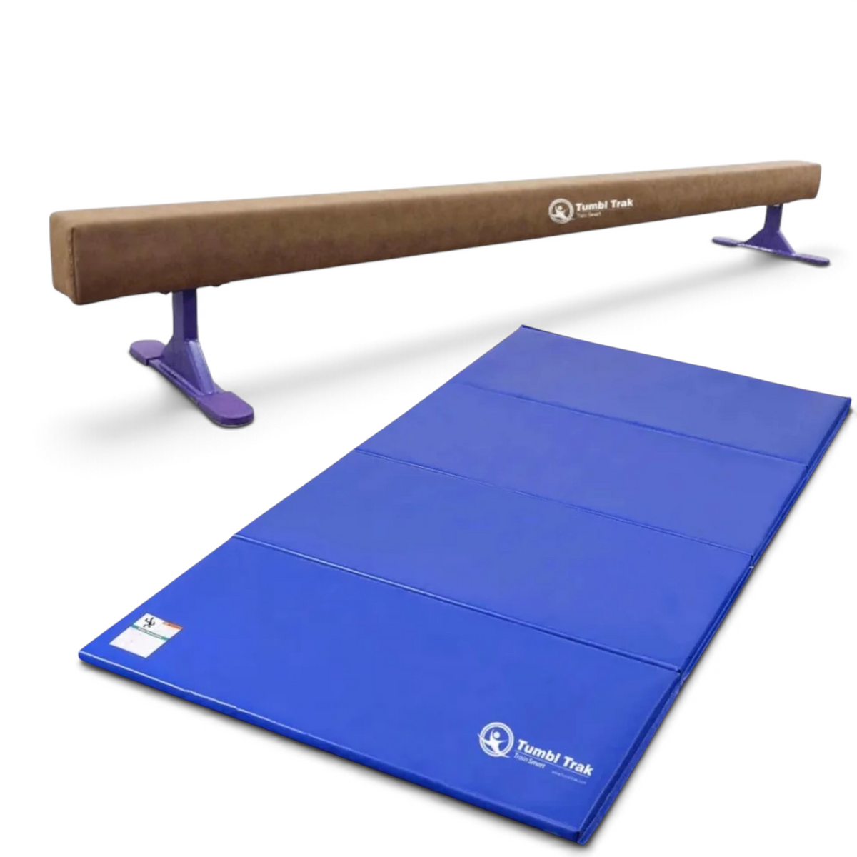UK Gym Pits Addie Beam with purple risers and a blue folding tumbling mat for home gymnastics training.