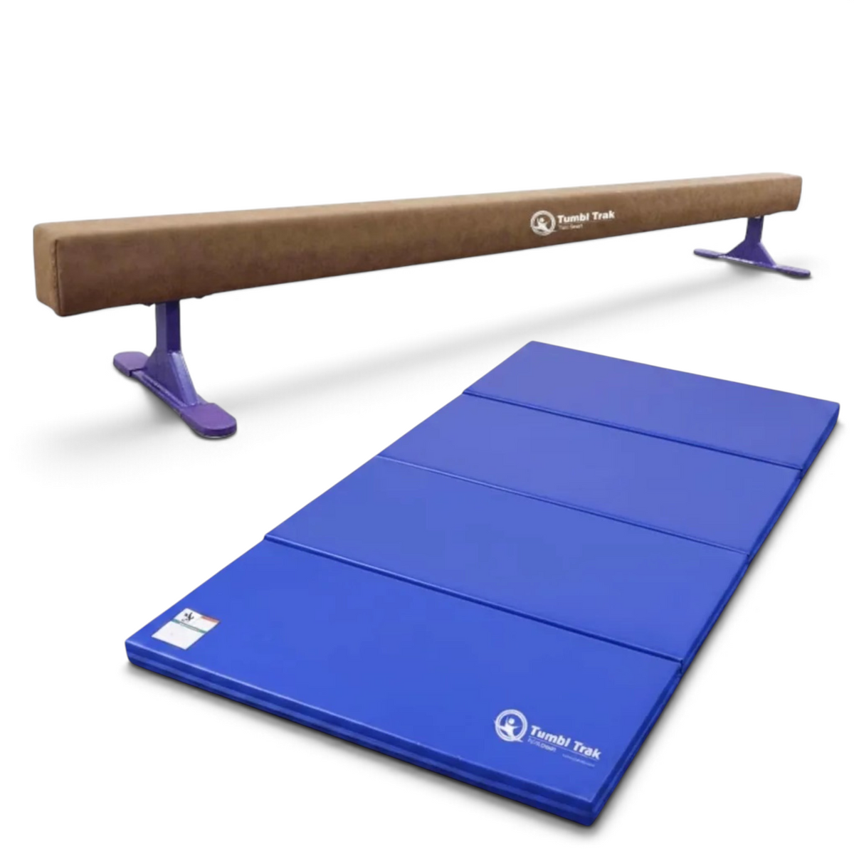 UK Gym Pits Addie beam with purple risers and a blue folding tumbling mat for home gymnastics training.