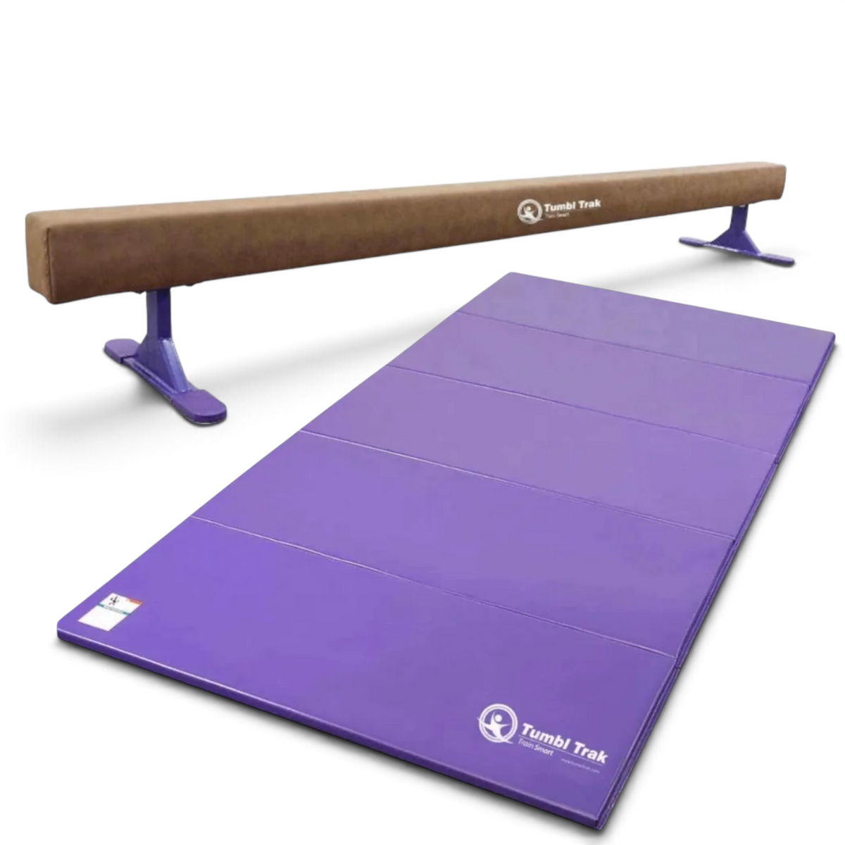 UK Gym Pits Addie Beam with purple folding tumbling mat for home gymnastics training on a white background.