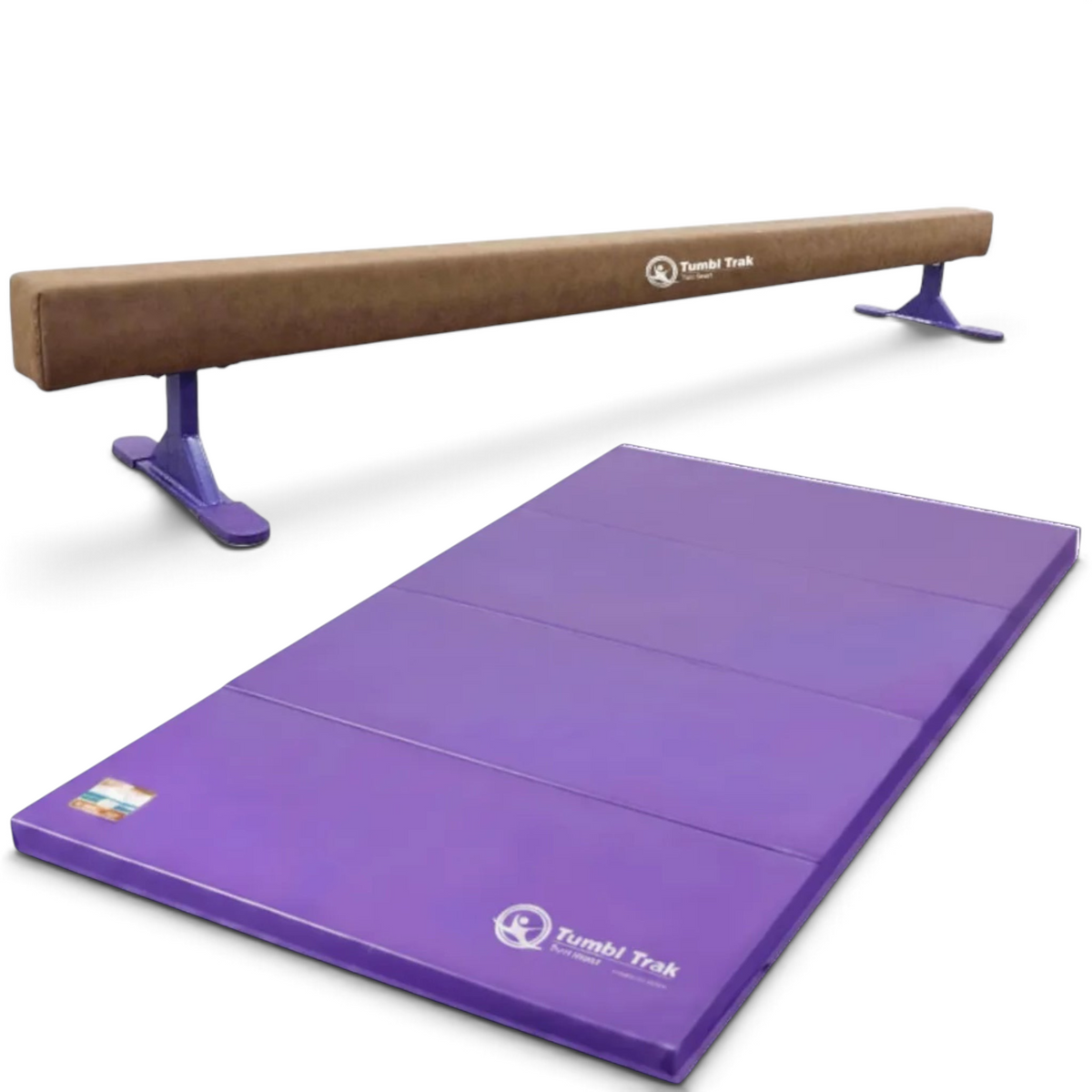 UK Gym Pits Addie Beam with synthetic suede finish and purple folding tumbling mat for home gymnastics training.
