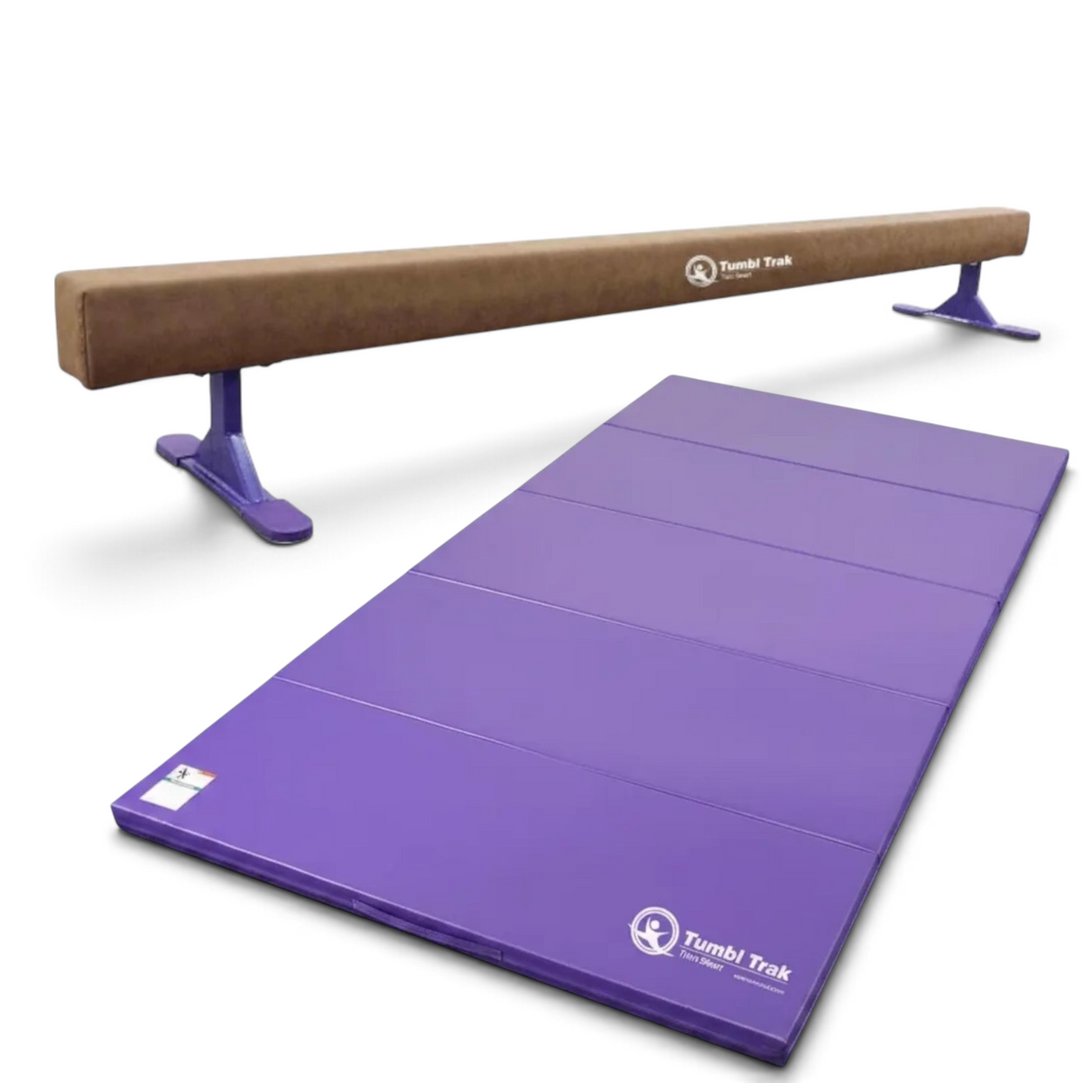 UK Gym Pits Addie Beam with purple folding tumbling mat for home gymnastics training