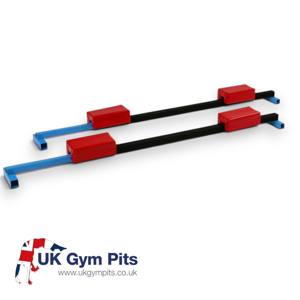 UK Gym Pits adjustable metal cross supports with red safety padding for tumbling tracks and vaulting stations