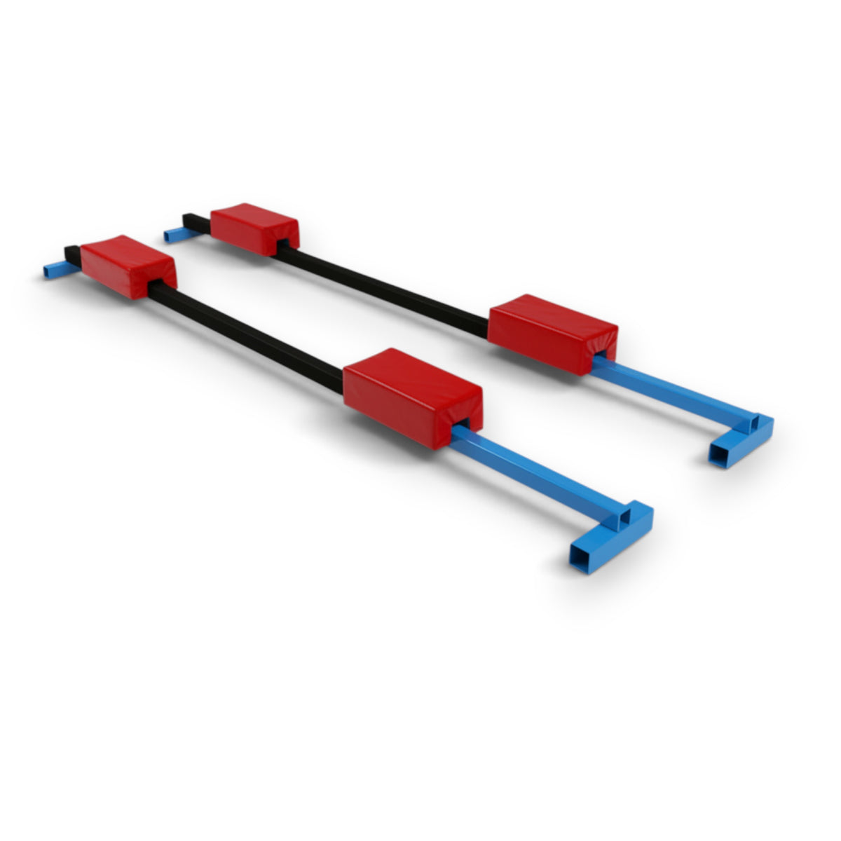 UK Gym Pits adjustable metal cross supports with red safety padding for tumbling tracks and vaulting stations.