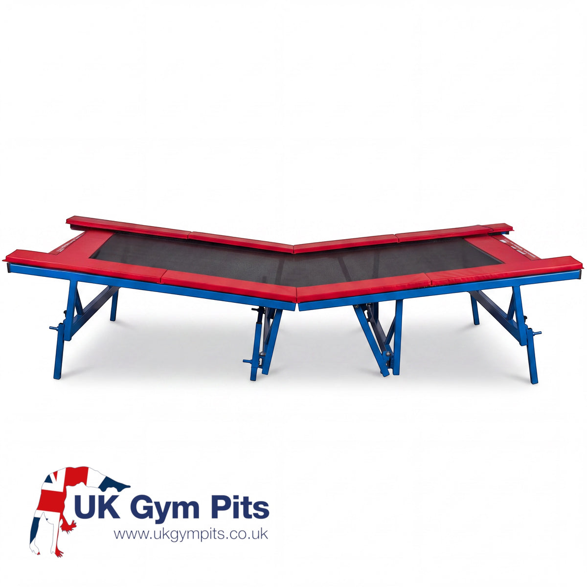UK Gym Pits adjustable downhill incline attachment for Tumbl Trak featuring a blue metal frame and red padded edges.