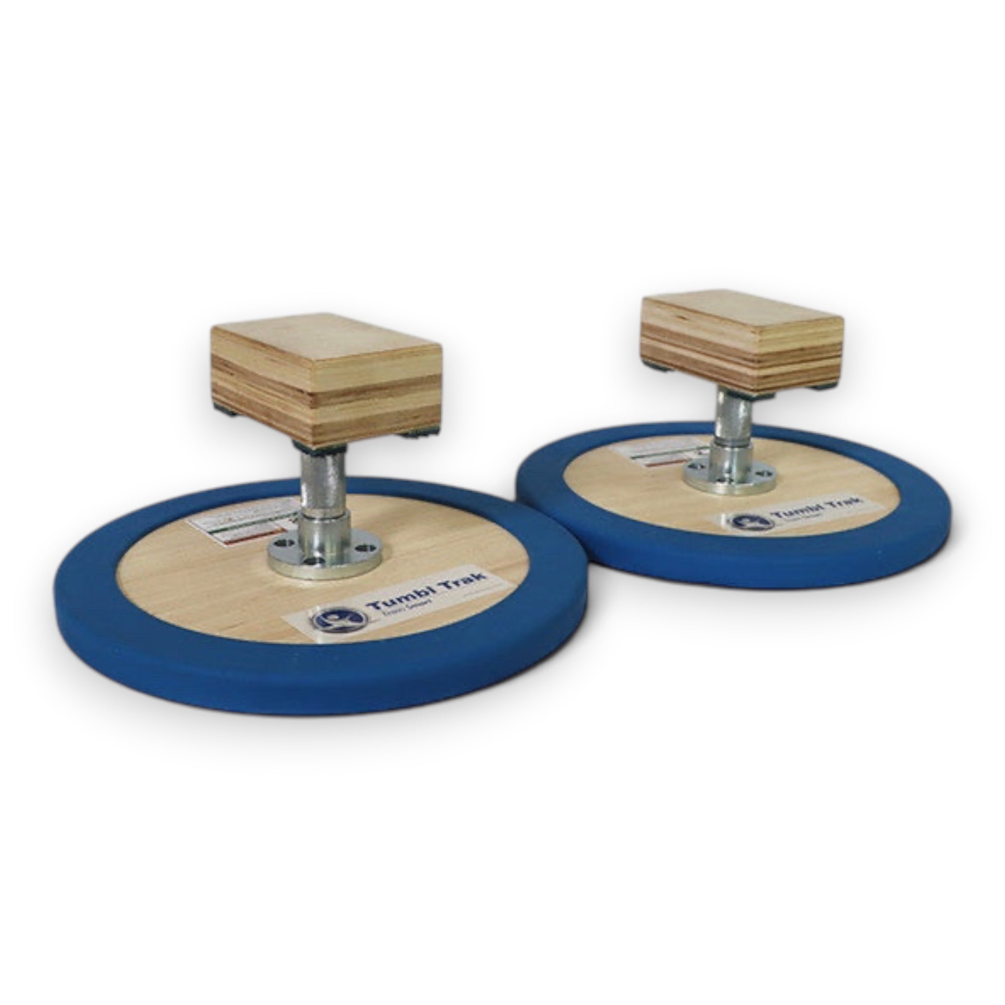 UK Gym Pits 3 in 1 adjustable handstand canes with round wooden bases, blue non-slip rims, and solid wood blocks.