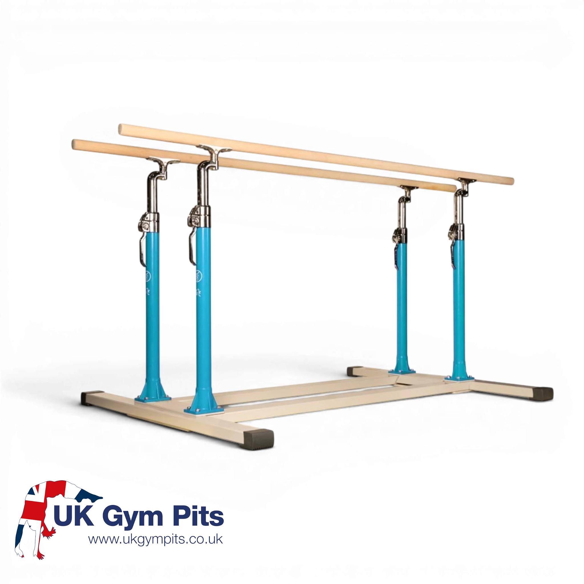 UK Gym Pits adjustable parallel bars with blue steel frame and wooden rails for gymnastics training.