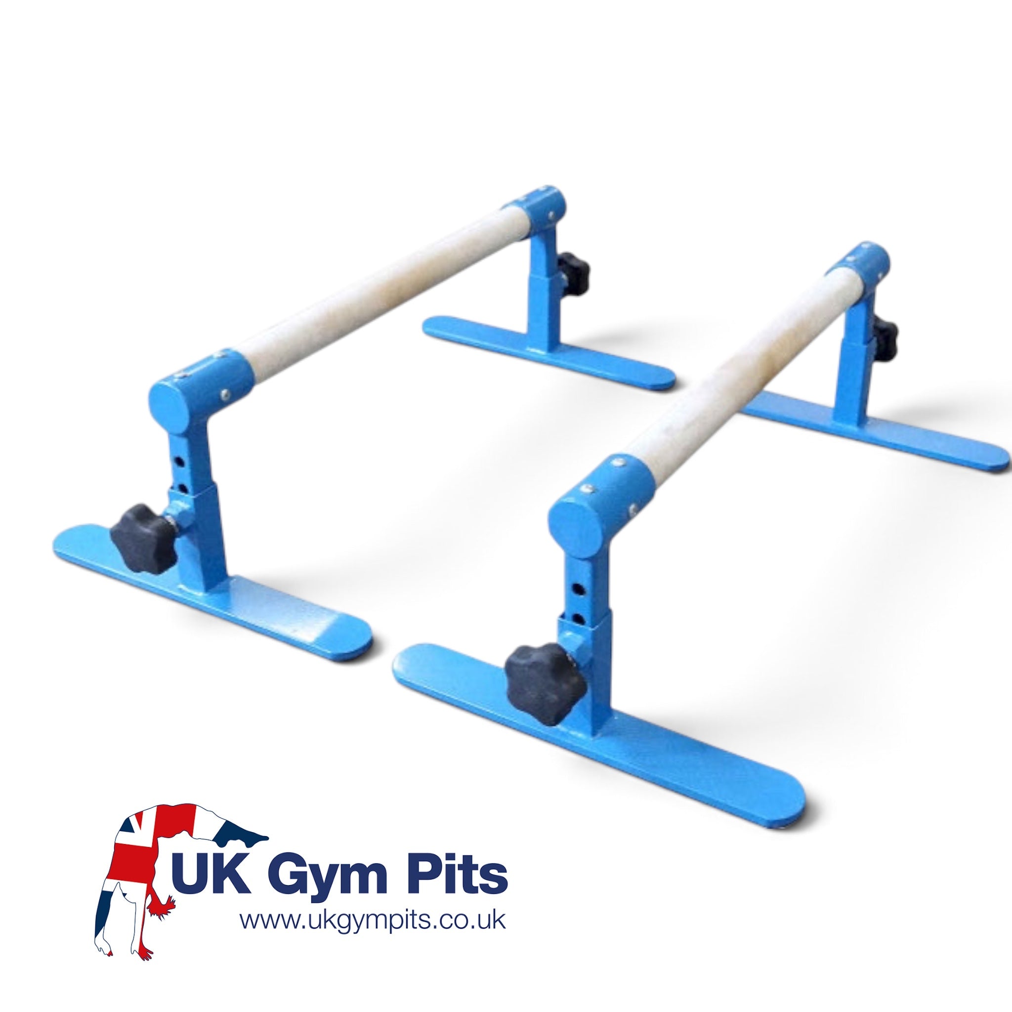 UK Gym Pits adjustable height parallette bars with blue steel frames and solid wood bars for gymnastics training