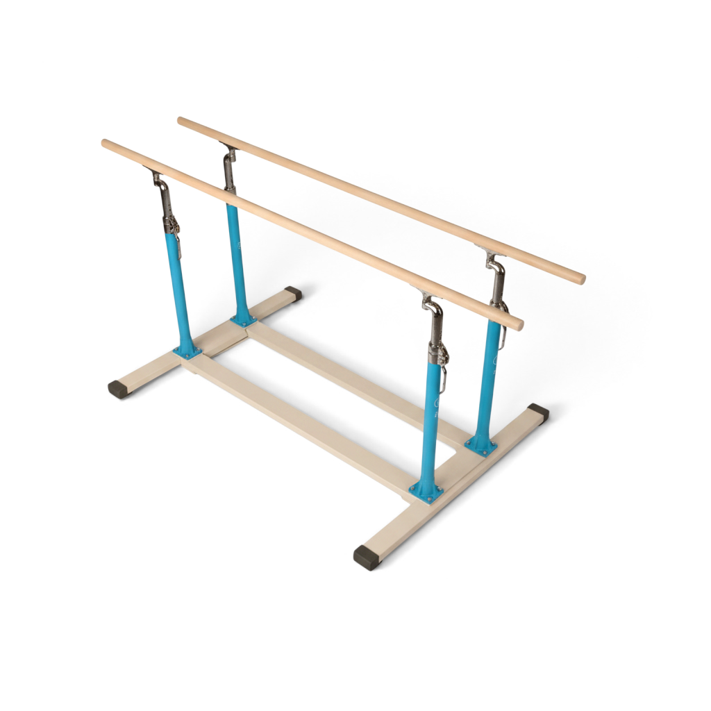 UK Gym Pits adjustable training parallel bars with light wood rails and blue steel supports on a white background