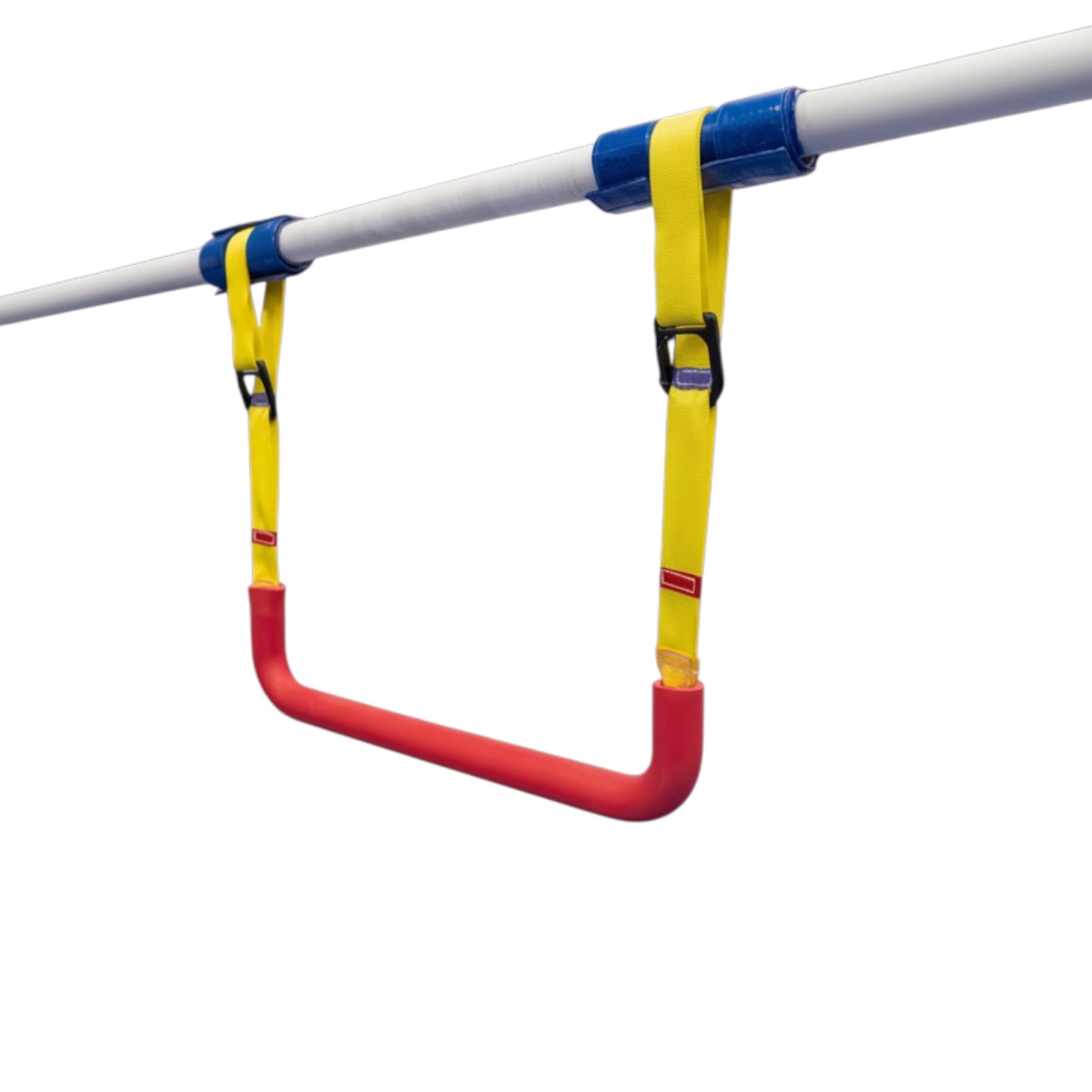 UK Gym Pits adjustable trapeze bar with red rubber grip, yellow nylon straps, and steel carabiners for gymnastics training