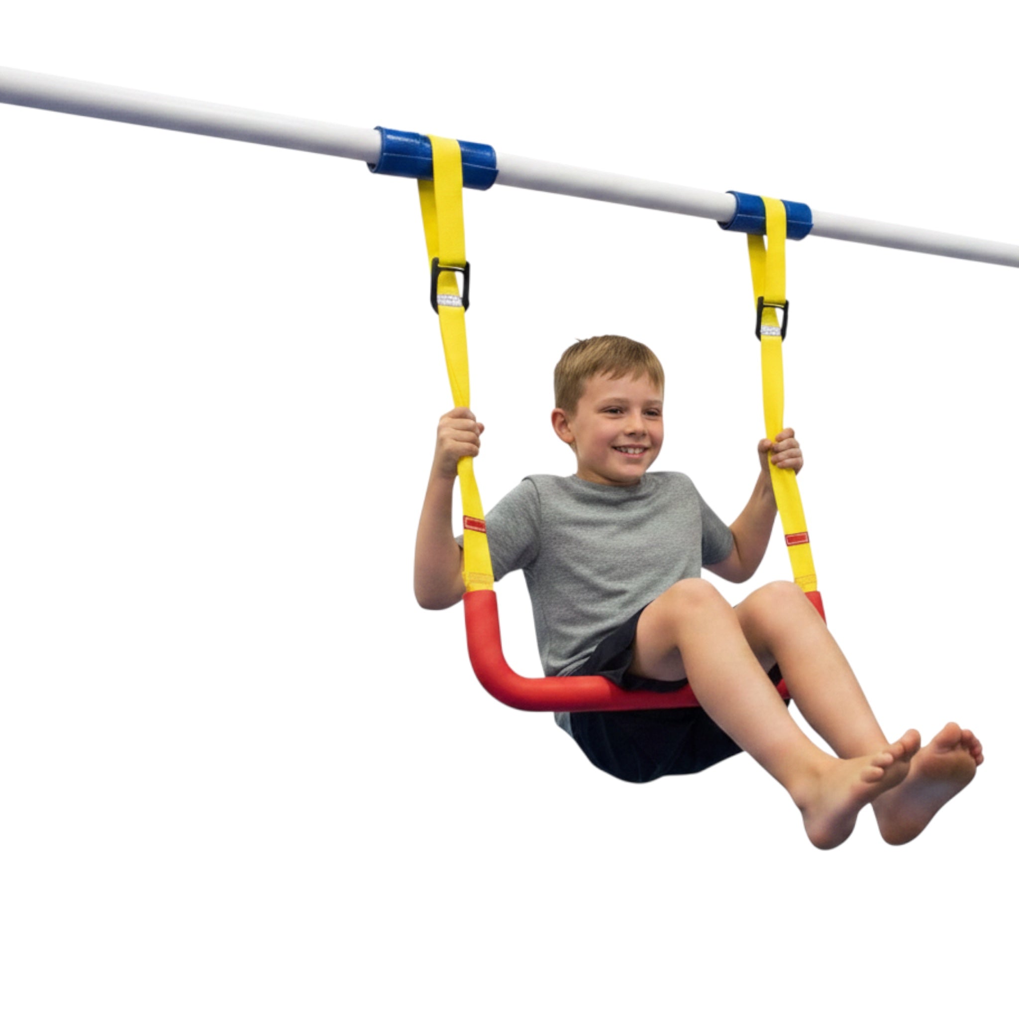 UK Gym Pits adjustable trapeze bar with red rubber grip, yellow straps, and blue connectors, used by a smiling boy.