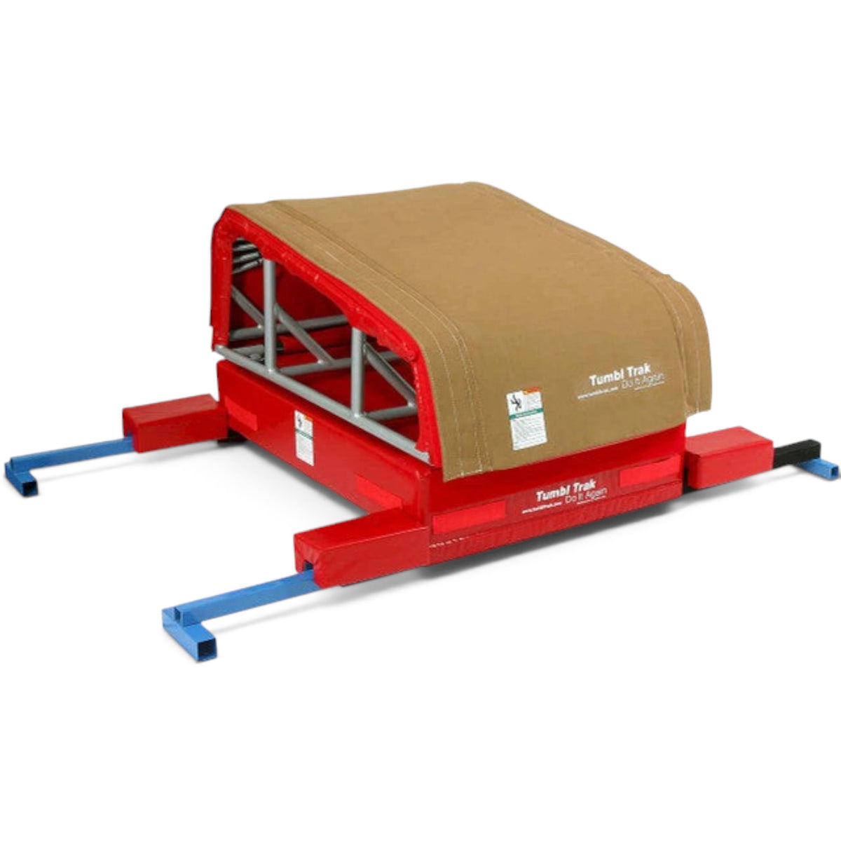 UK Gym Pits adjustable metal cross supports with red safety padding attached to a vaulting block for tumbling tracks.