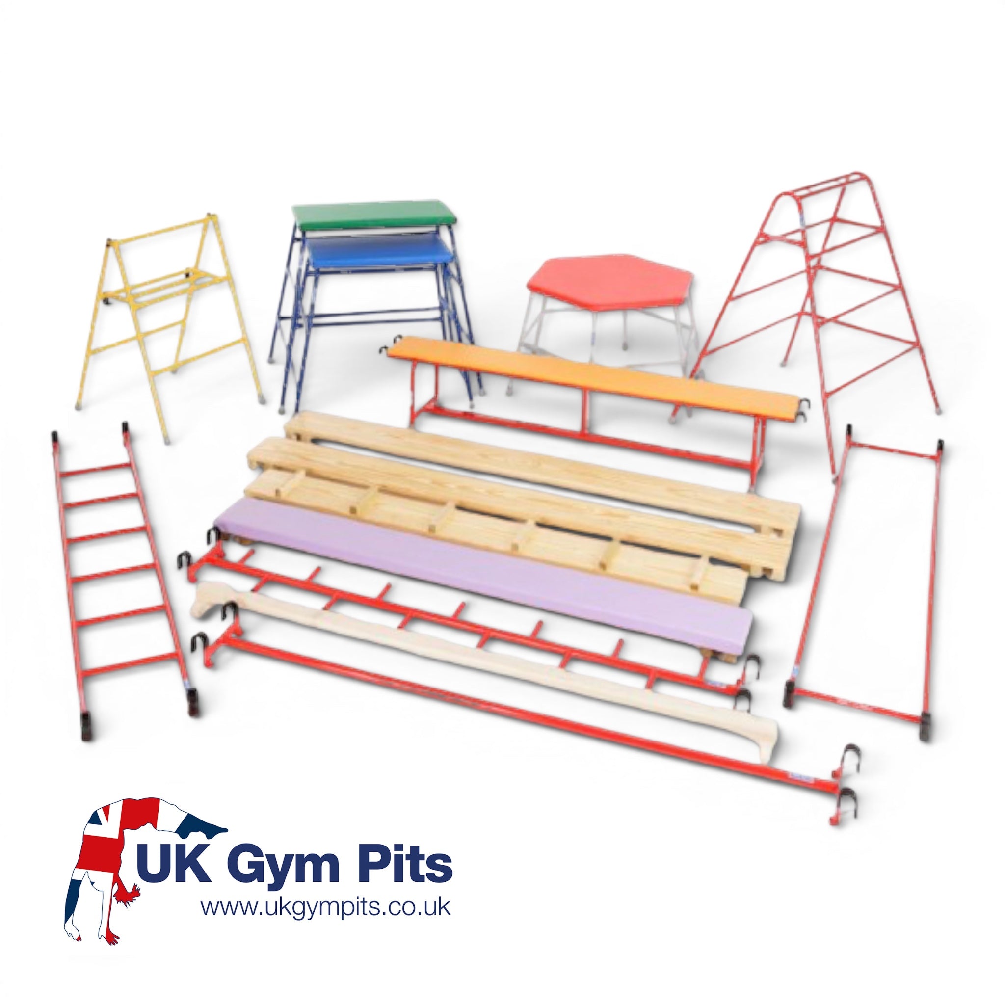 UK Gym Pits 14-piece Key Stage 2 agility equipment set featuring colourful tables, benches, ladders, and planks.