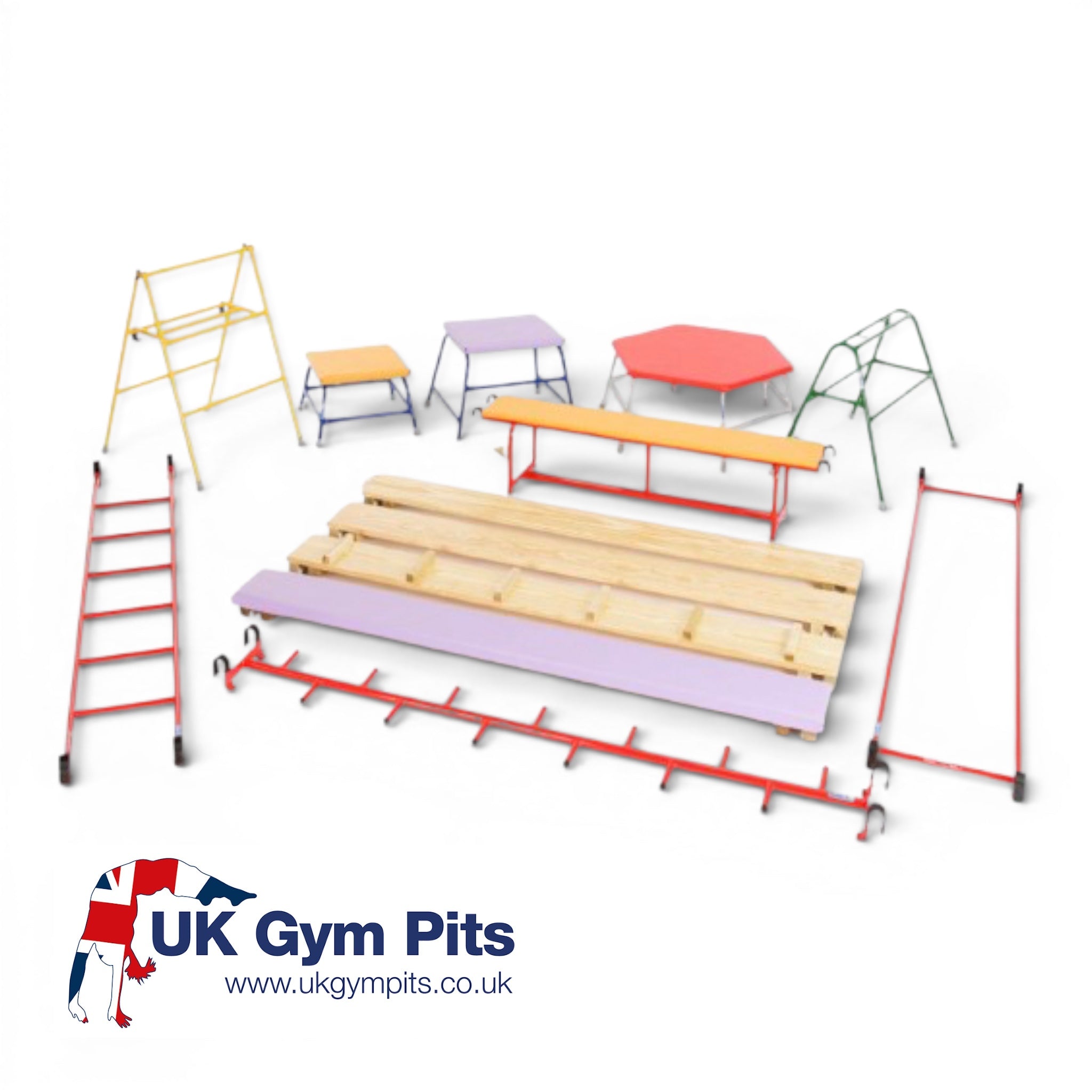 UK Gym Pits 14-piece Key Stage 1 agility equipment set featuring colourful tables, benches, planks, and climbing ladders.