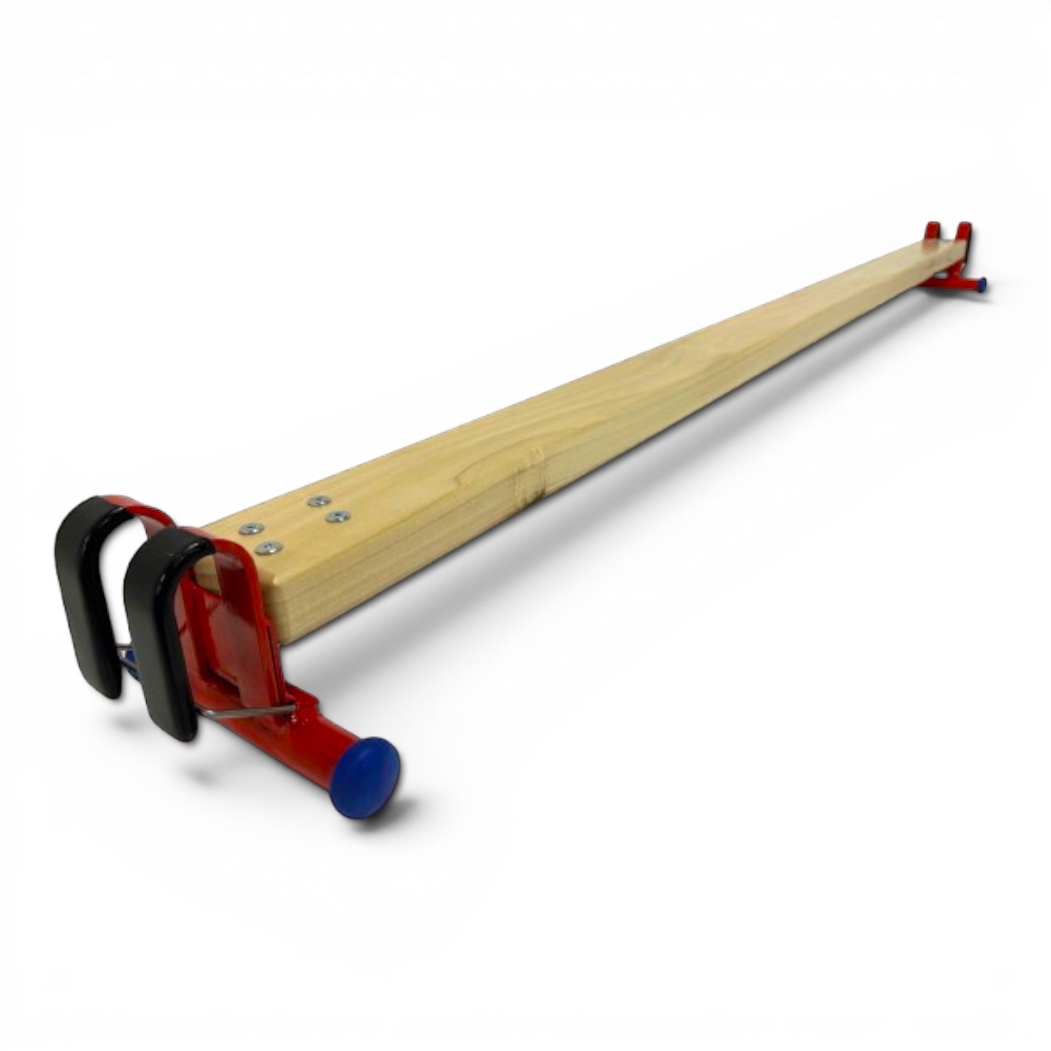 UK Gym Pits agility linking beam made of natural timber with red metal feet, hooks, and anti-slip rubber ends.