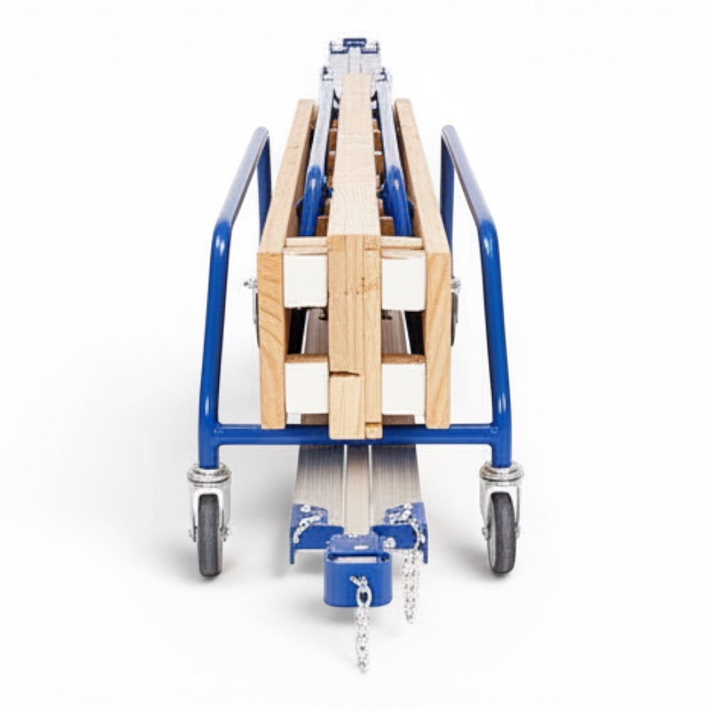 UK Gym Pits blue powder coated steel trolley loaded with wooden agility linking equipment on a white background