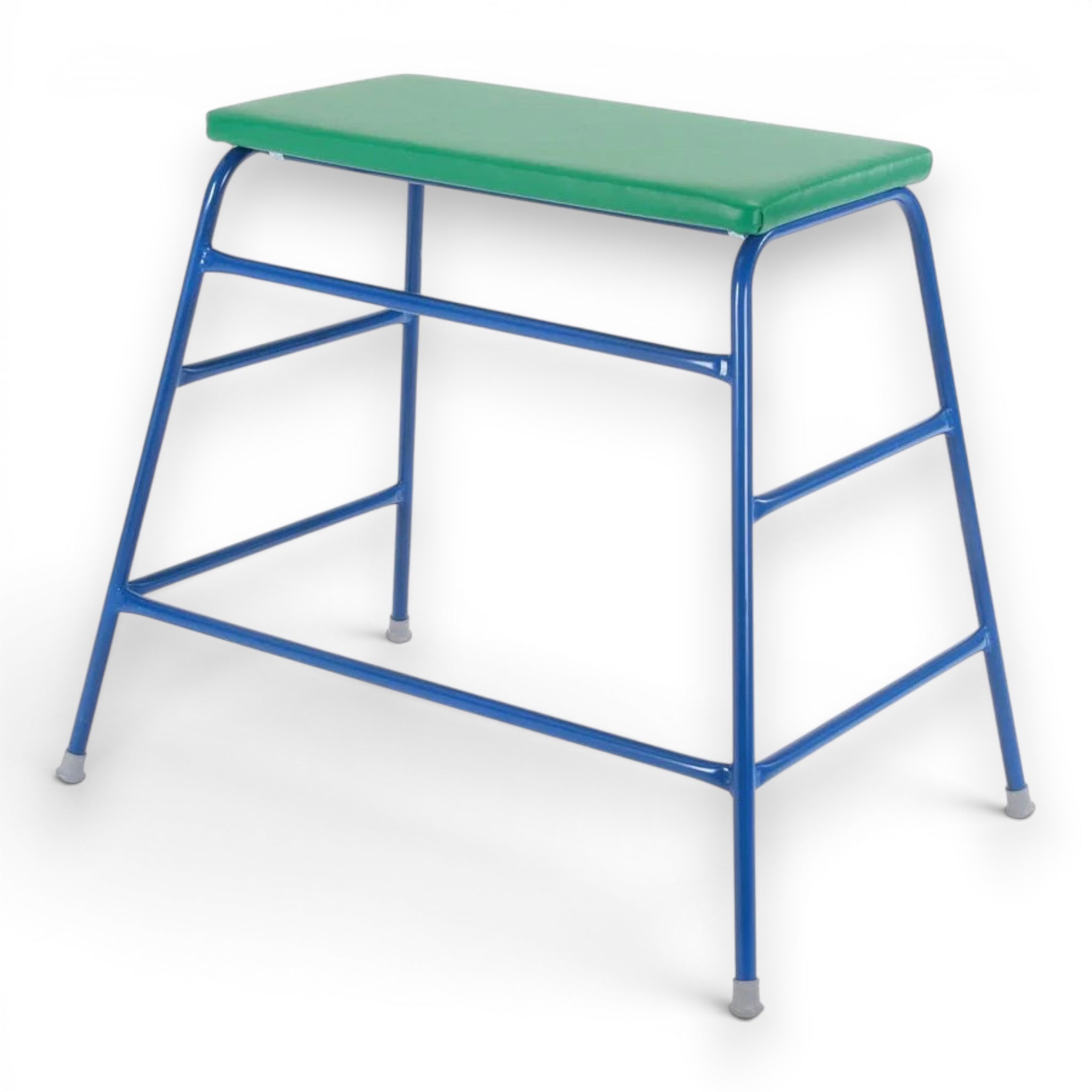 UK Gym Pits agility table with a green padded top and blue powder coated tubular steel frame for school gymnastics.