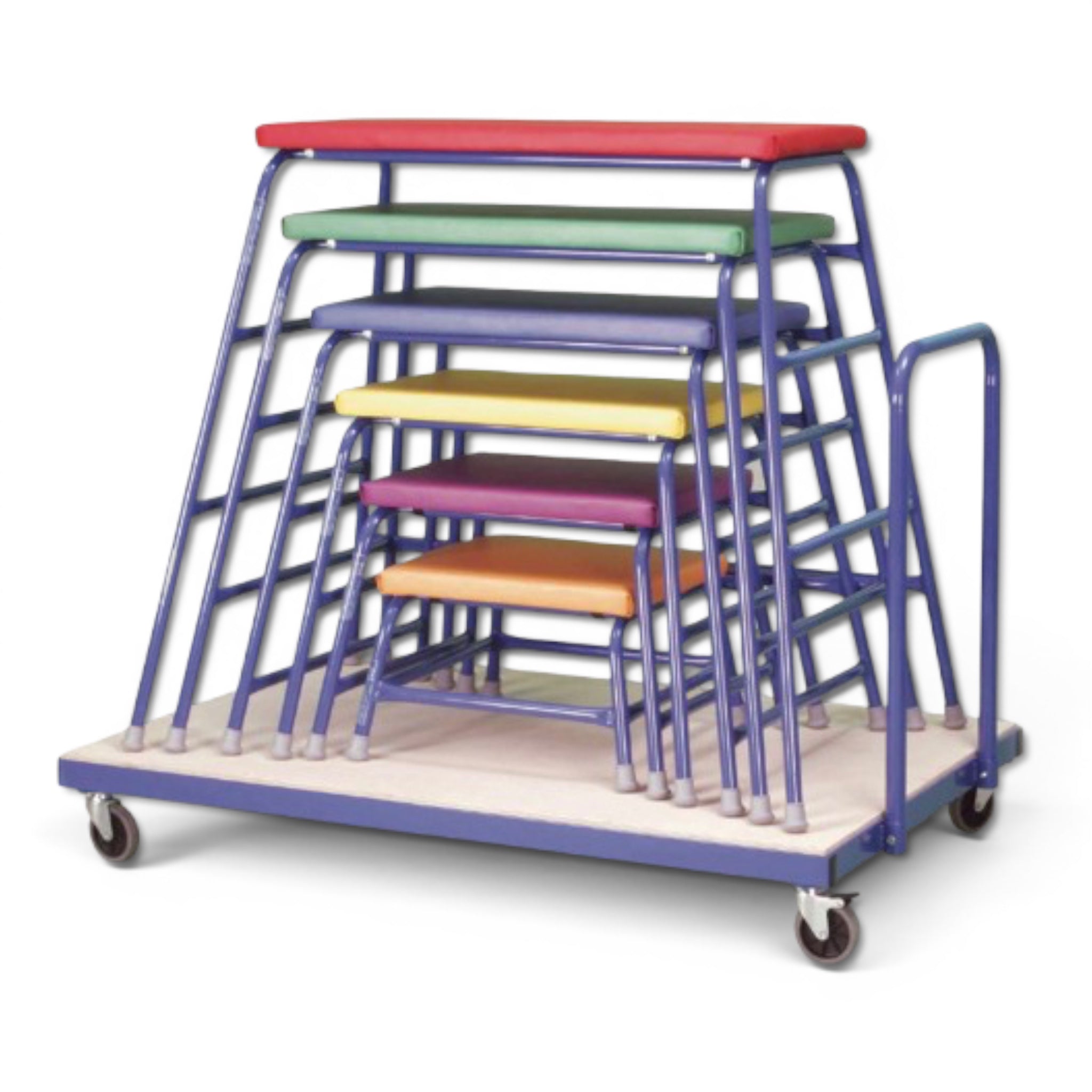 UK Gym Pits agility table set featuring six multi-colored padded tables nested on a mobile transport storage trolley.