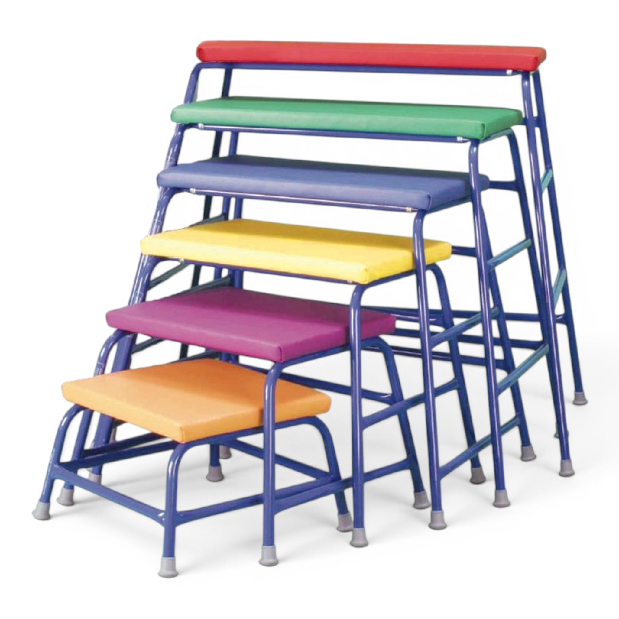 UK Gym Pits agility table set with six multi-colored padded PVC tops and powder-coated tubular steel frames.
