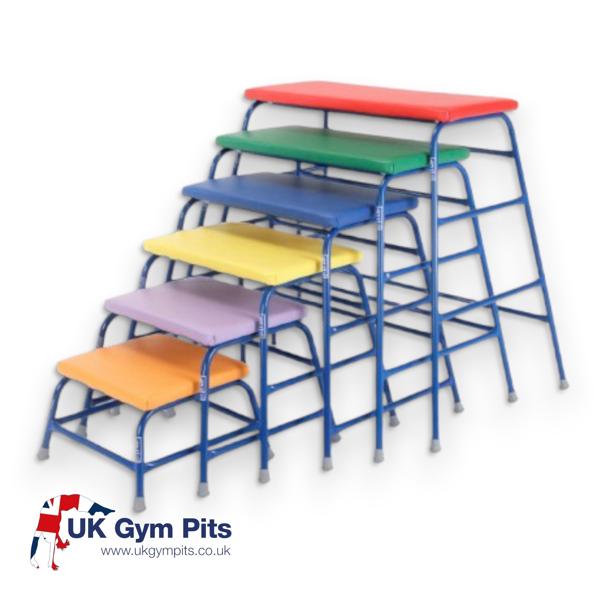 UK Gym Pits set of six colourful agility tables with powder coated steel frames and padded PVC tops