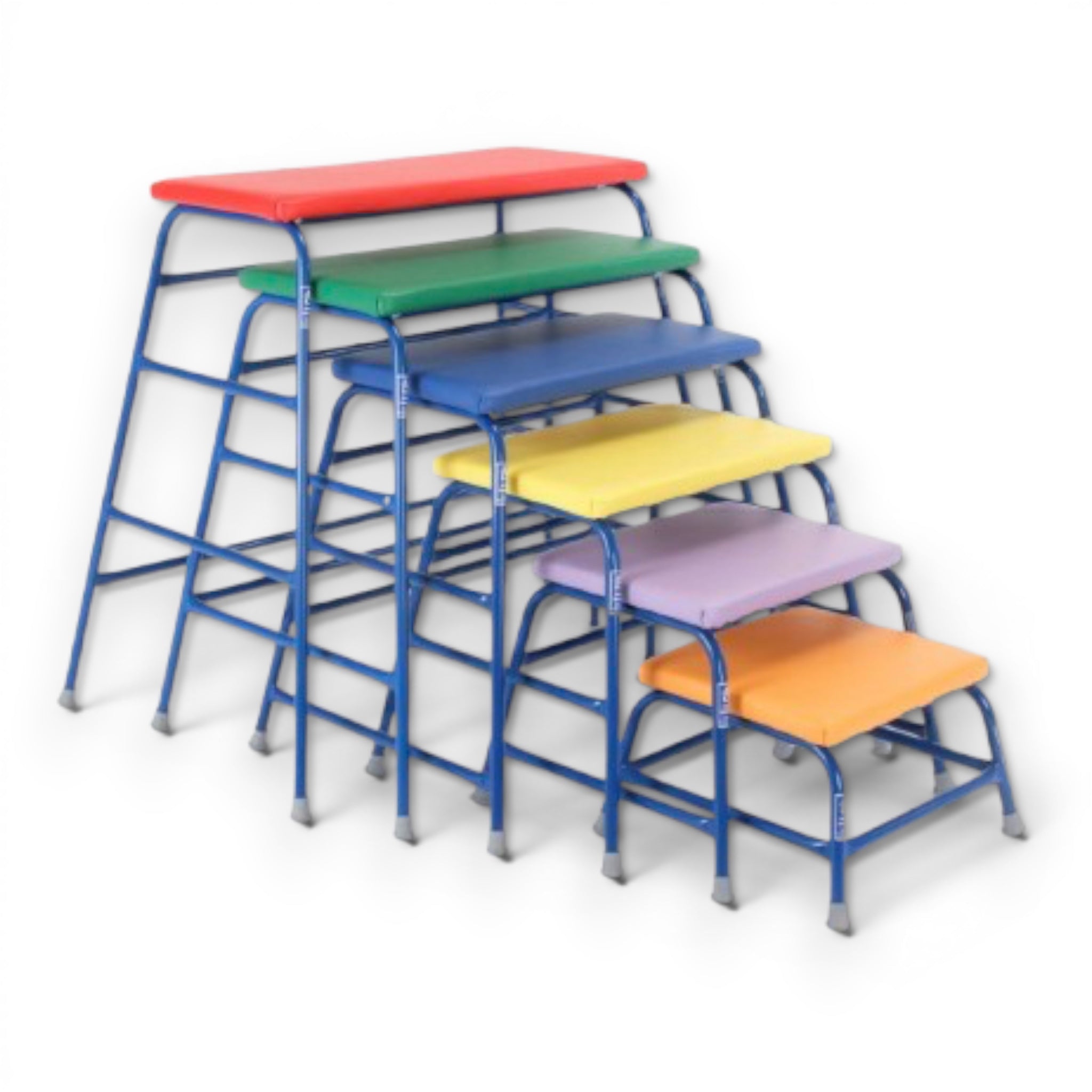 UK Gym Pits 19 piece activ agility set featuring six colourful padded tables with blue steel frames for gymnastics.