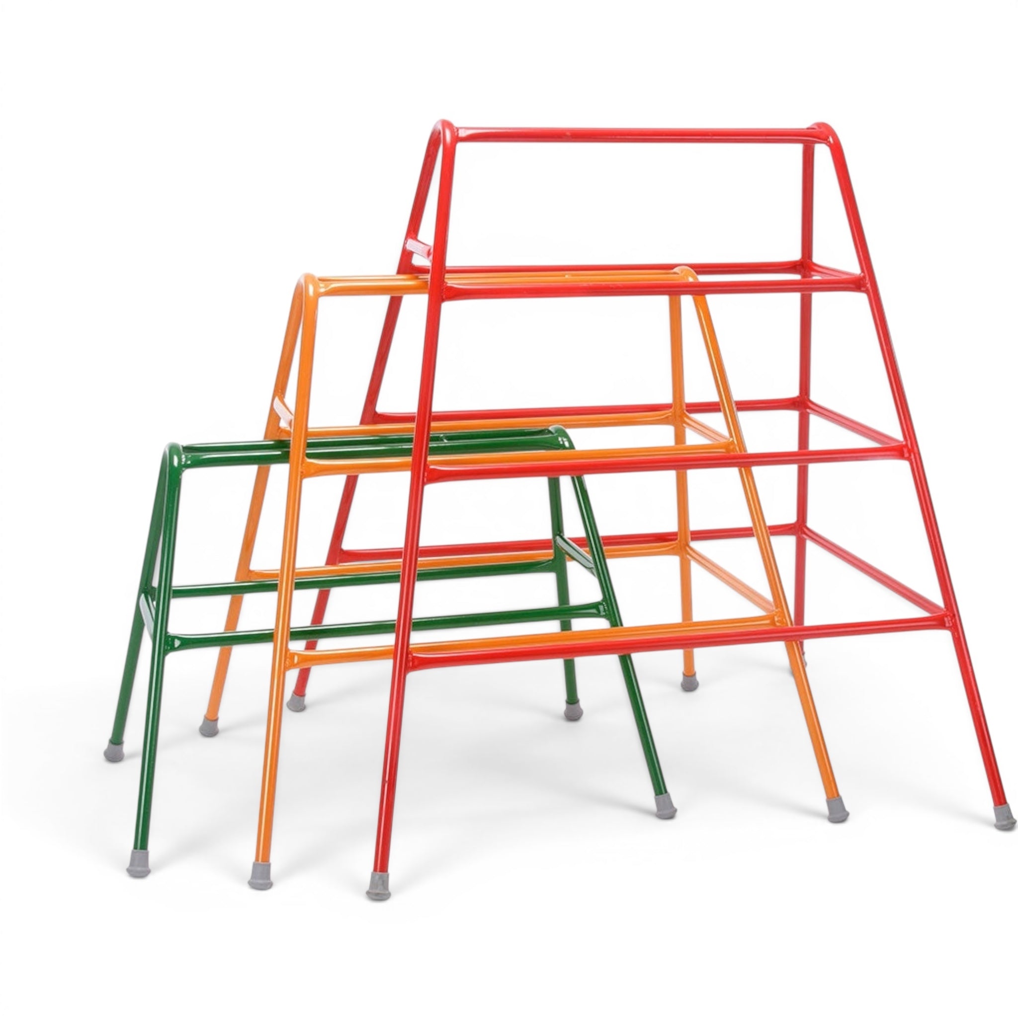 UK Gym Pits set of three red, amber, and green powder-coated steel agility trestles with anti-slip rubber feet.