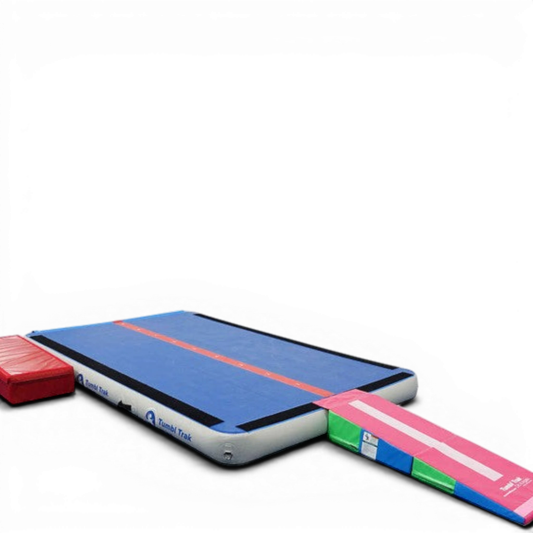 UK Gym Pits Air Floor Pro inflatable gymnastics mat with blue surface, red centre line, and attached entry ramp.