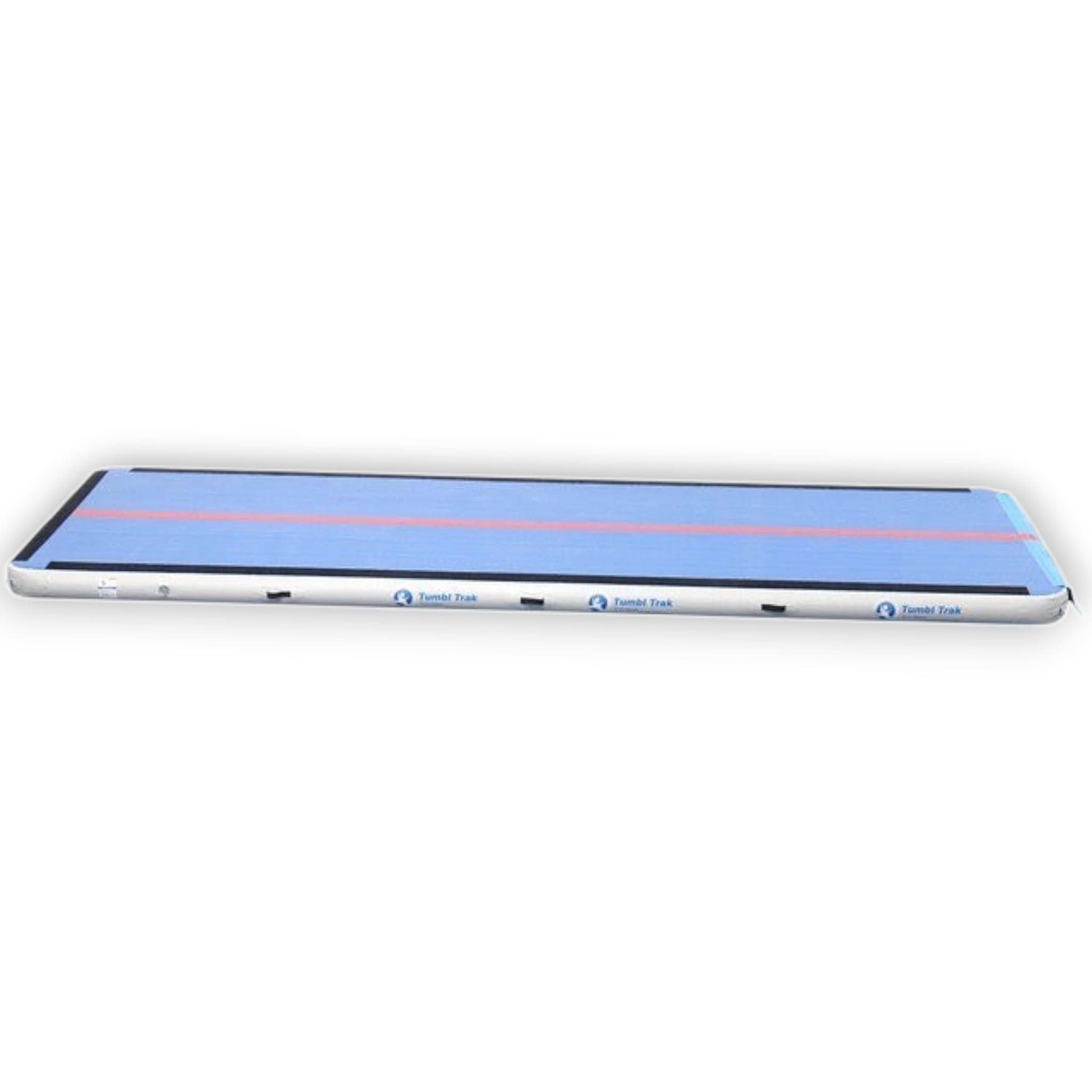 UK Gym Pits Air Floor Pro inflatable gymnastics tumbling mat in blue with a red centre line on a black background.