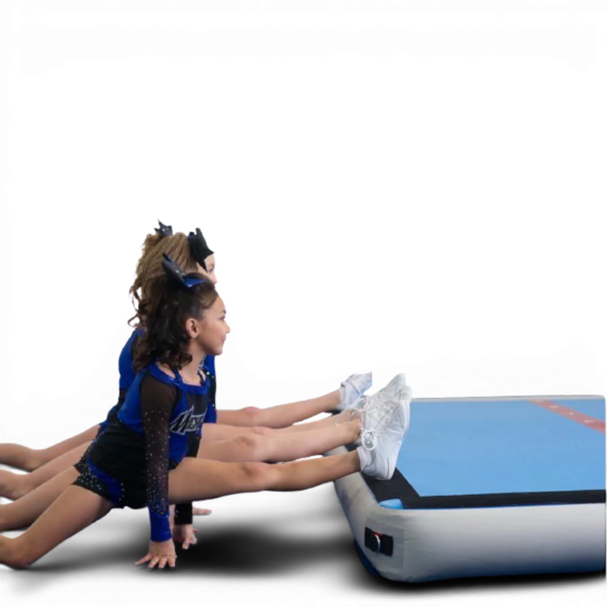 UK Gym Pits Air Floor Pro with cheerleaders performing splits on the blue and grey inflatable tumbling mat
